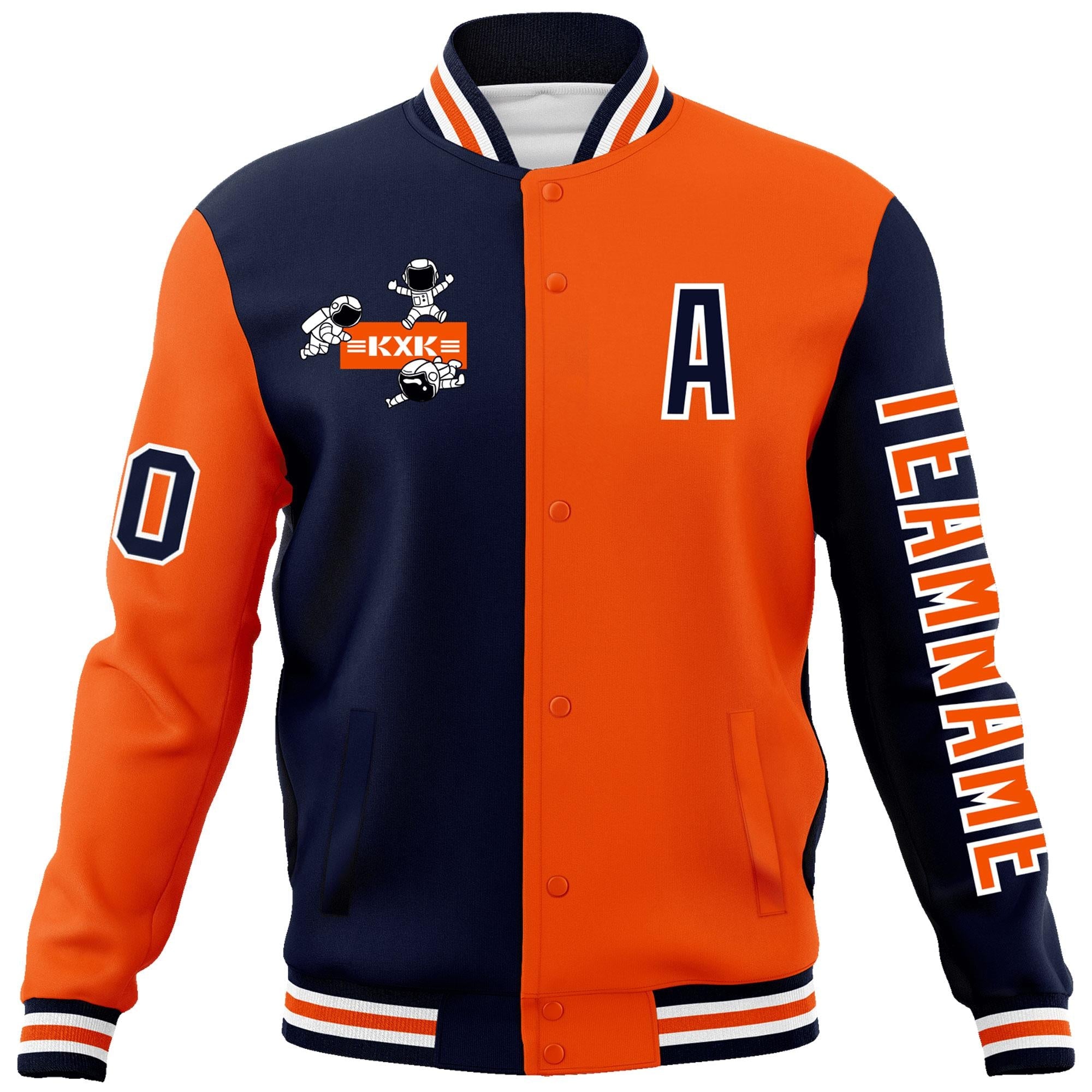 Custom Navy Orange Two Tone Split Fashion Varsity Letterman Jacket with Raglan Sleeves