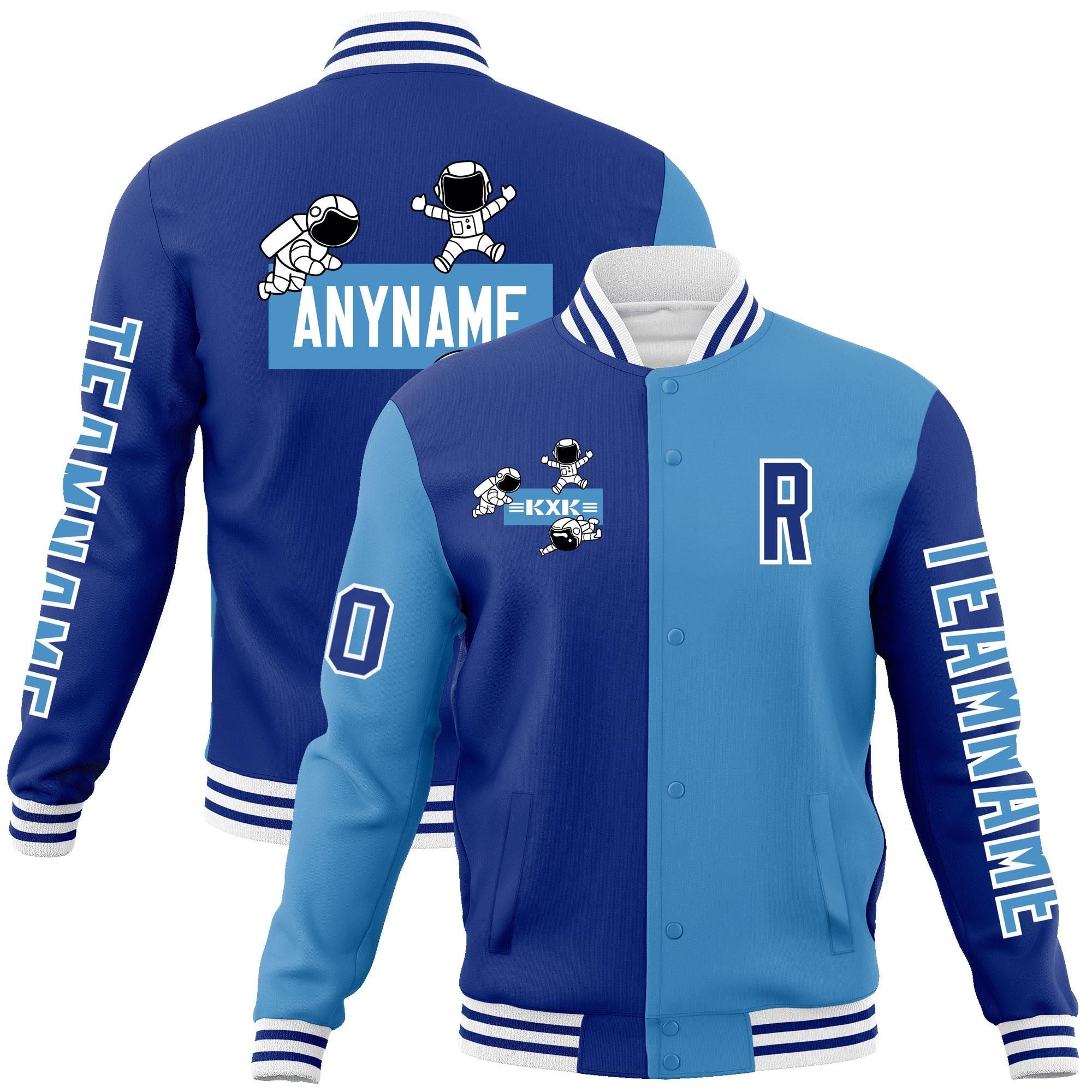 Custom Royal Light Blue Two Tone Split Fashion Varsity Letterman Jacket with Raglan Sleeves