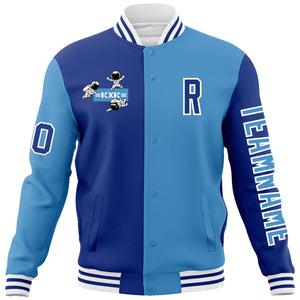 Custom Royal Light Blue Two Tone Split Fashion Varsity Letterman Jacket with Raglan Sleeves