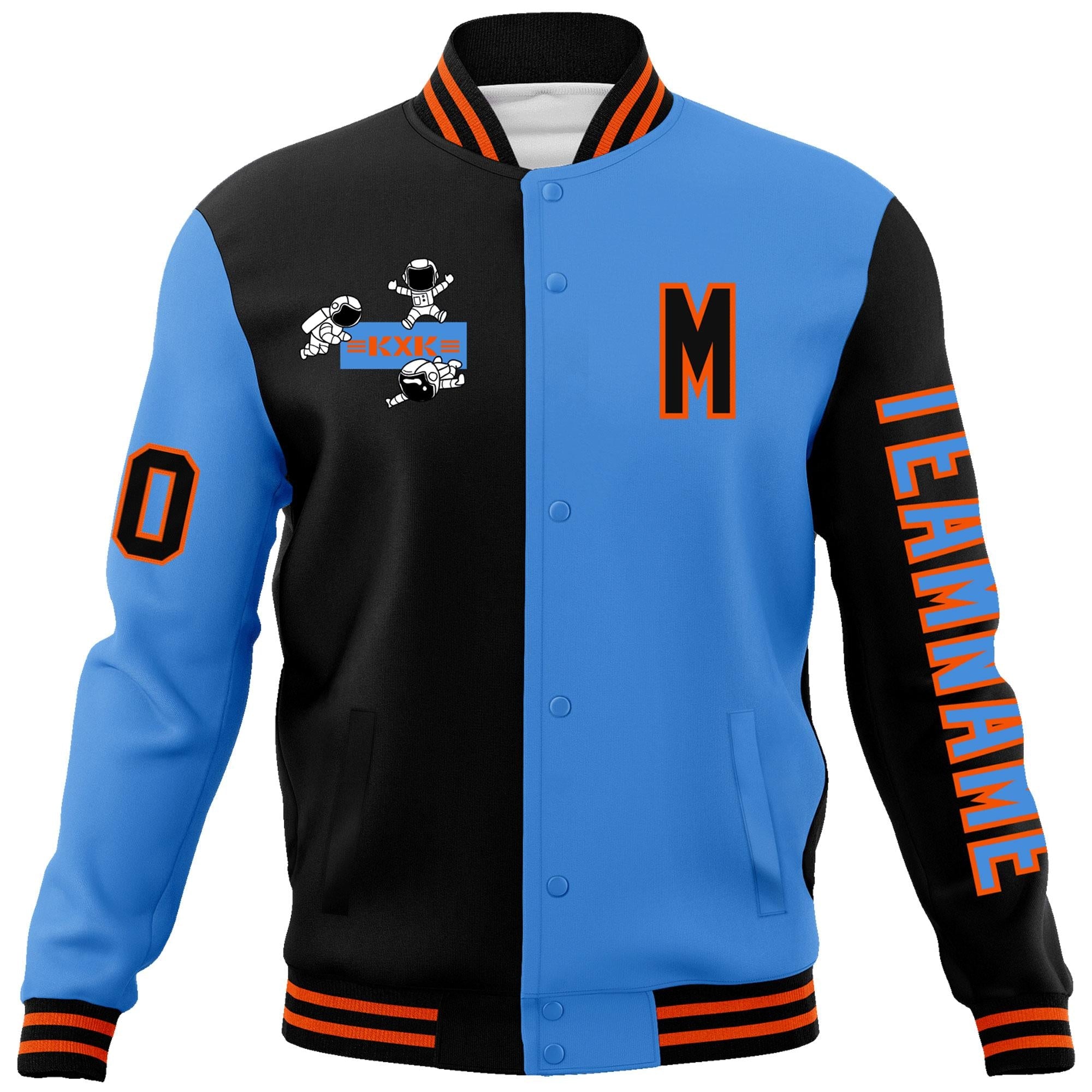 Custom Black Powder Blue Two Tone Split Fashion Varsity Letterman Jacket with Raglan Sleeves