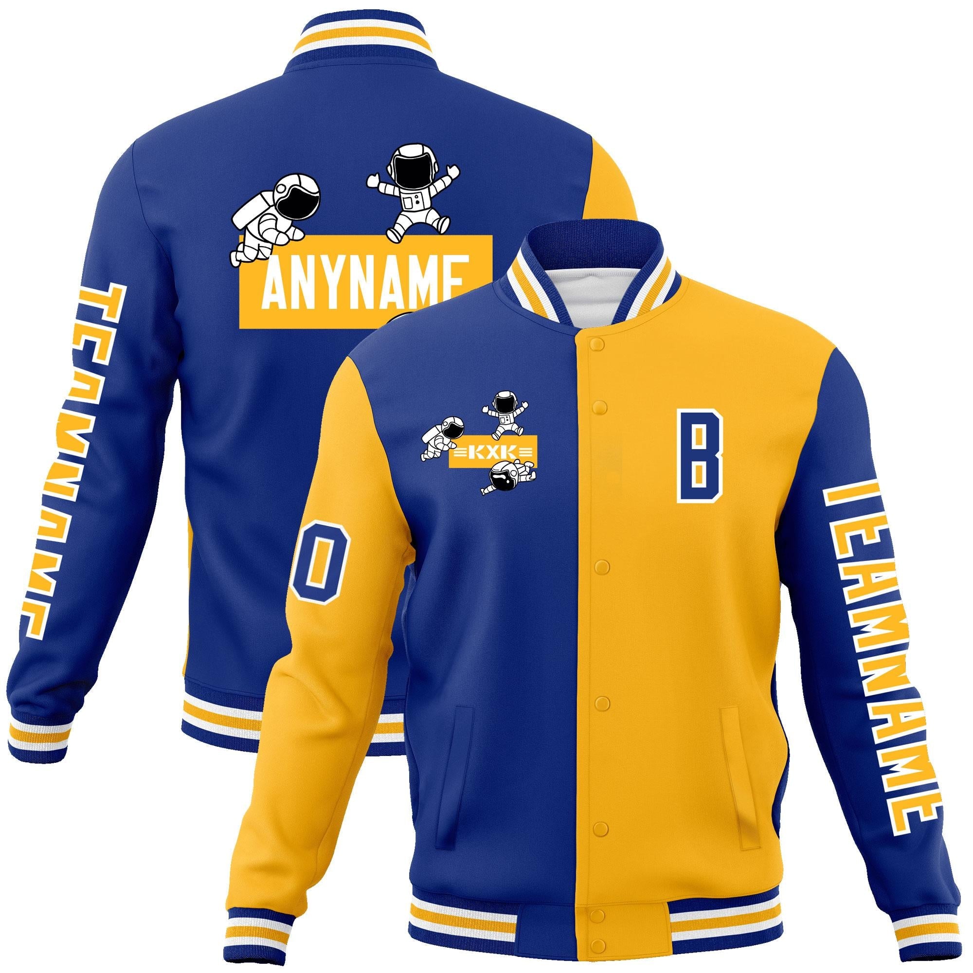 Custom Royal Gold Two Tone Split Fashion Varsity Letterman Jacket with Raglan Sleeves