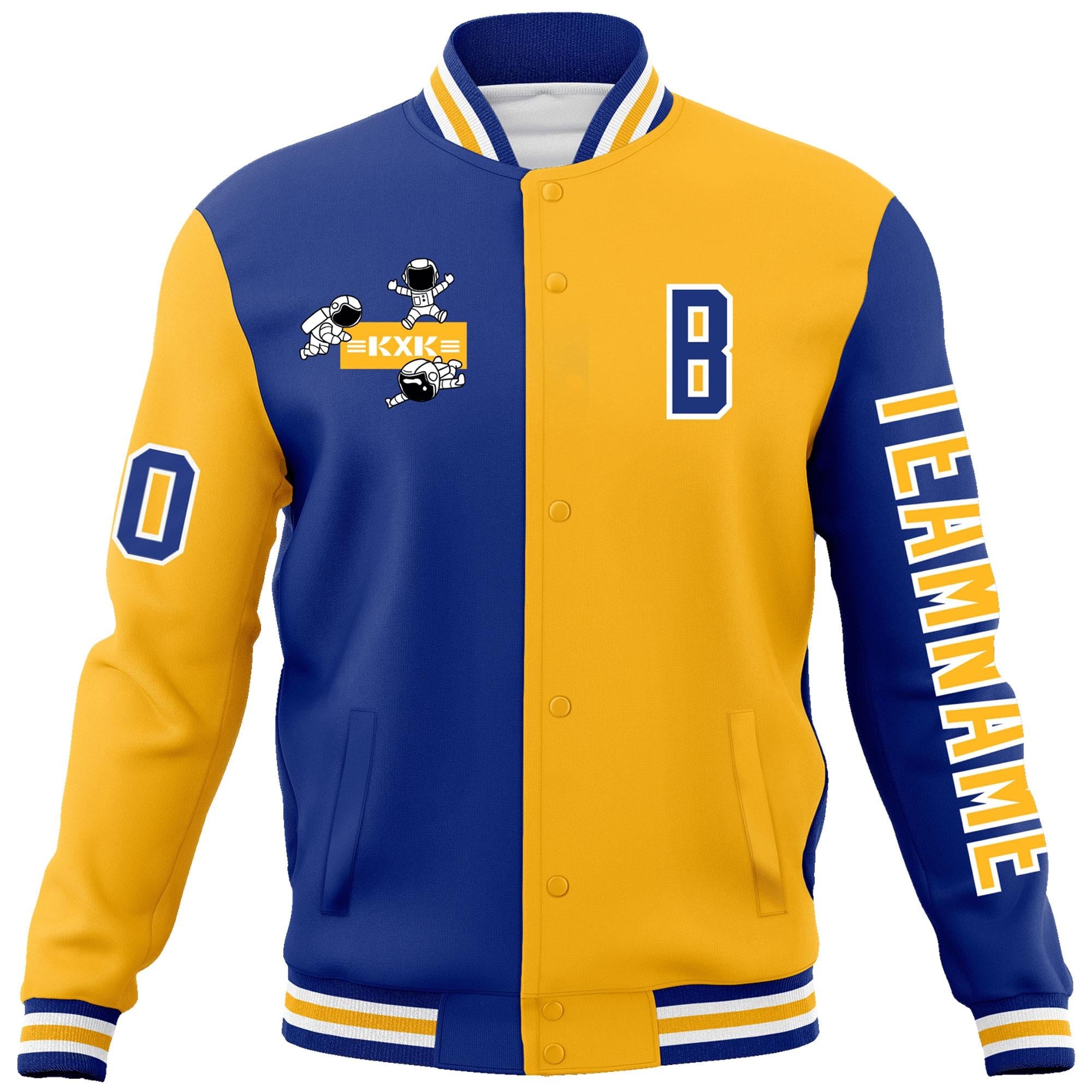 Custom Royal Gold Two Tone Split Fashion Varsity Letterman Jacket with Raglan Sleeves