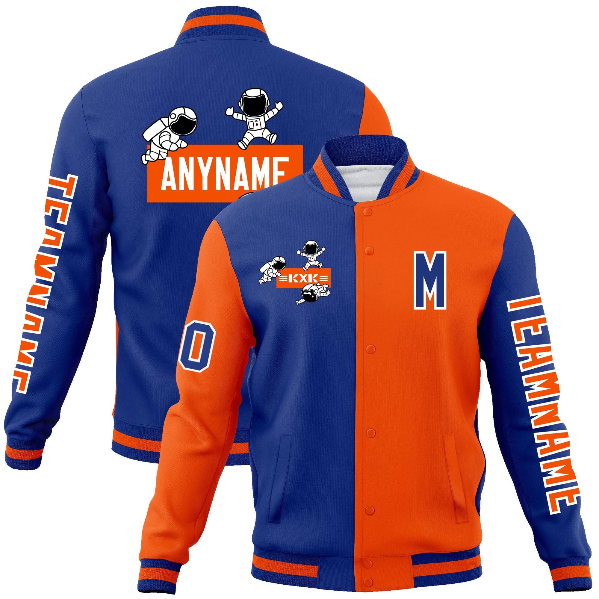 Custom Royal Orange Two Tone Split Fashion Varsity Letterman Jacket with Raglan Sleeves