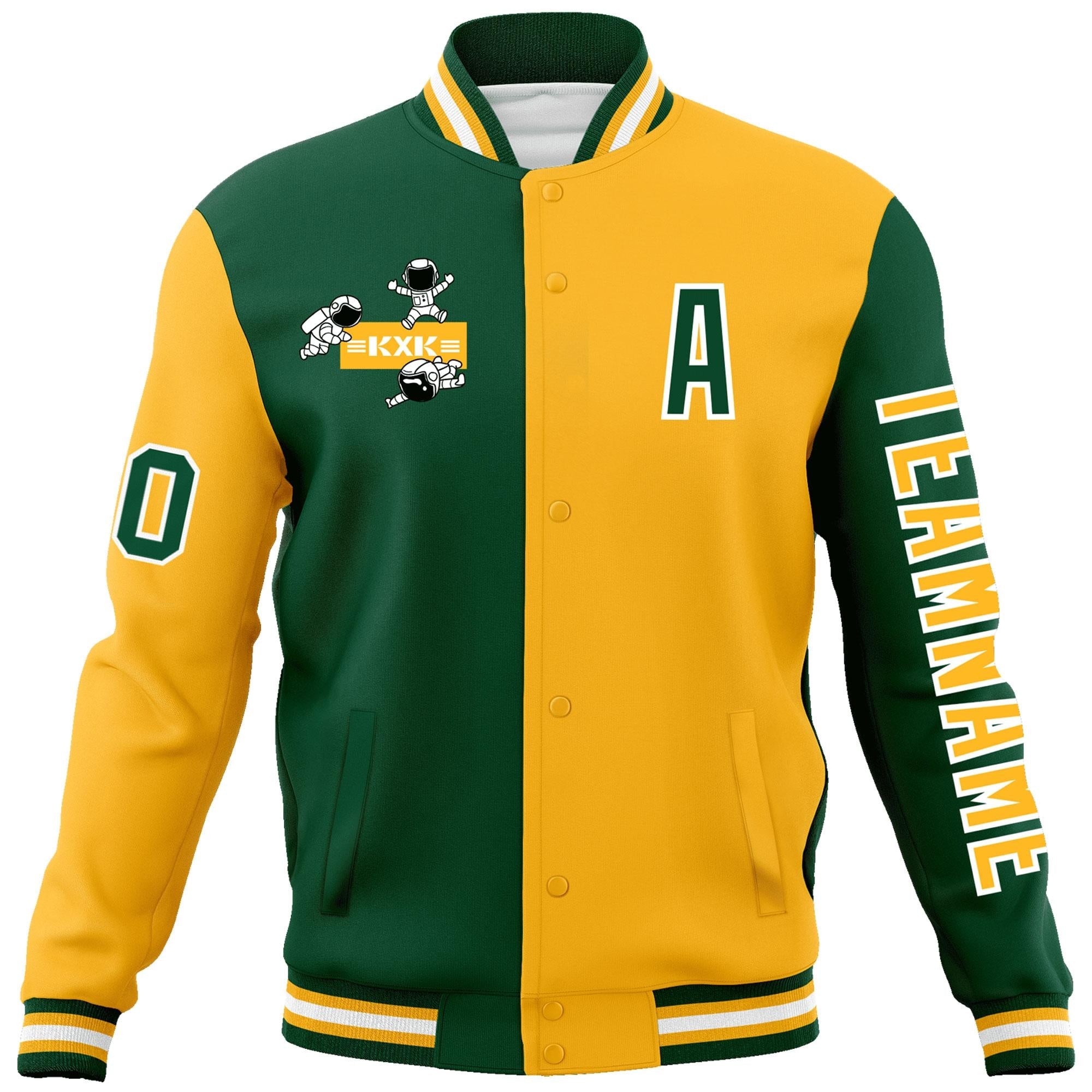 Custom Green Gold Two Tone Split Fashion Varsity Letterman Jacket with Raglan Sleeves