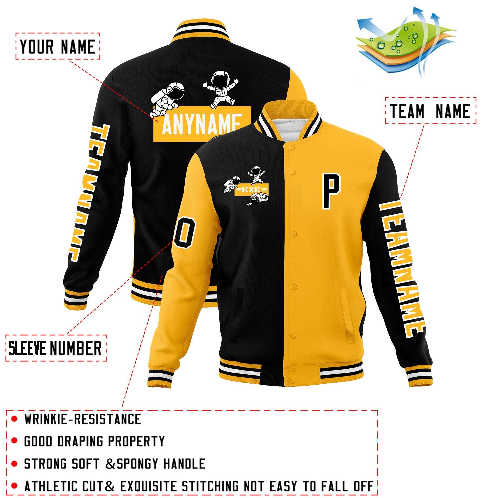 Custom Black Gold Two Tone Split Fashion Varsity Letterman Jacket with Raglan Sleeves