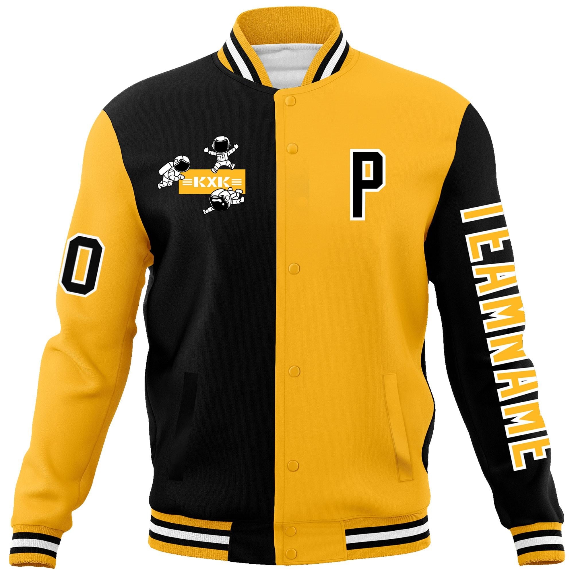 Custom Black Gold Two Tone Split Fashion Varsity Letterman Jacket with Raglan Sleeves