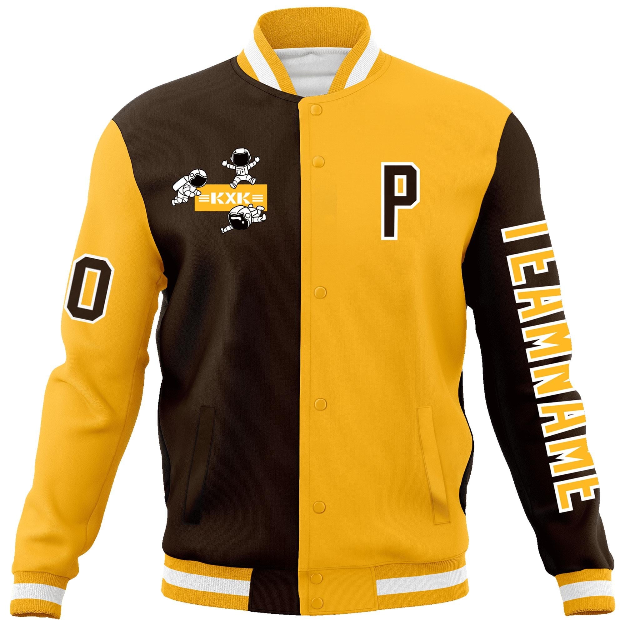 Custom Brown Gold Two Tone Split Fashion Varsity Letterman Jacket with Raglan Sleeves