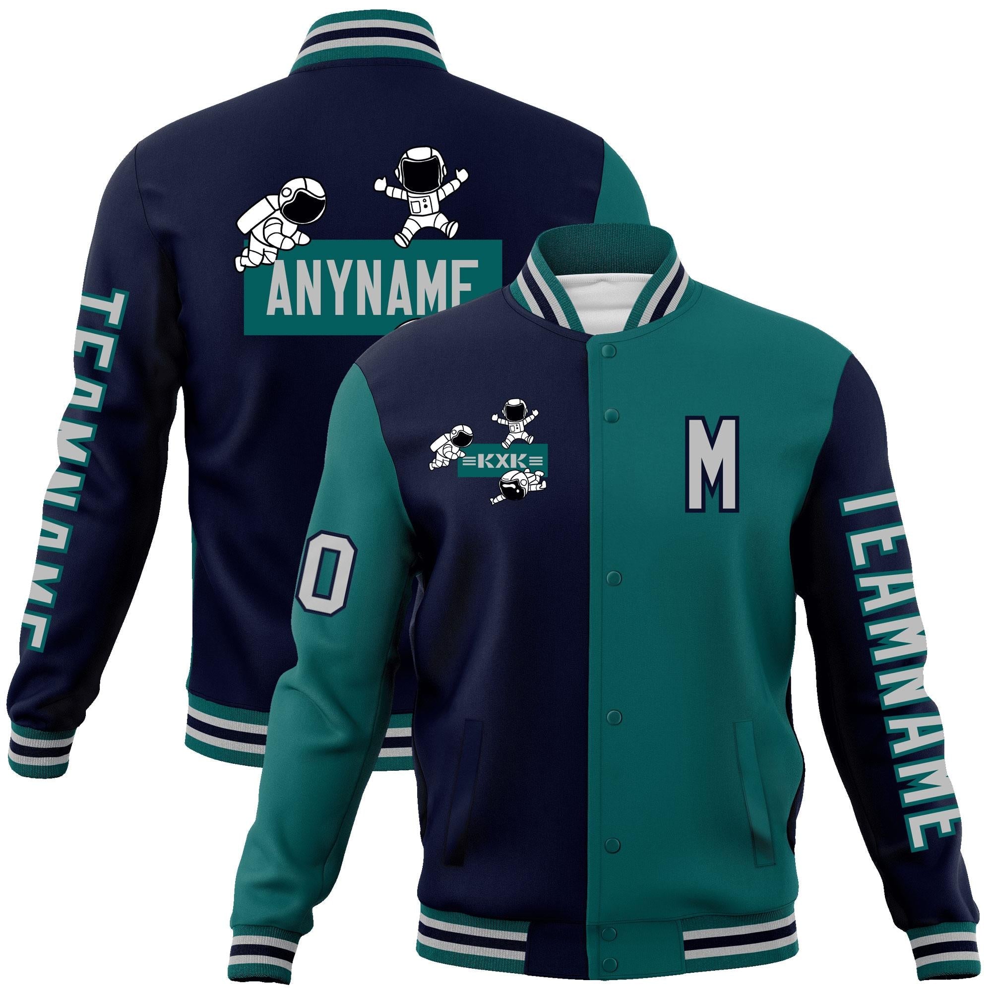 Custom Navy Aqua Two Tone Split Fashion Varsity Letterman Jacket with Raglan Sleeves