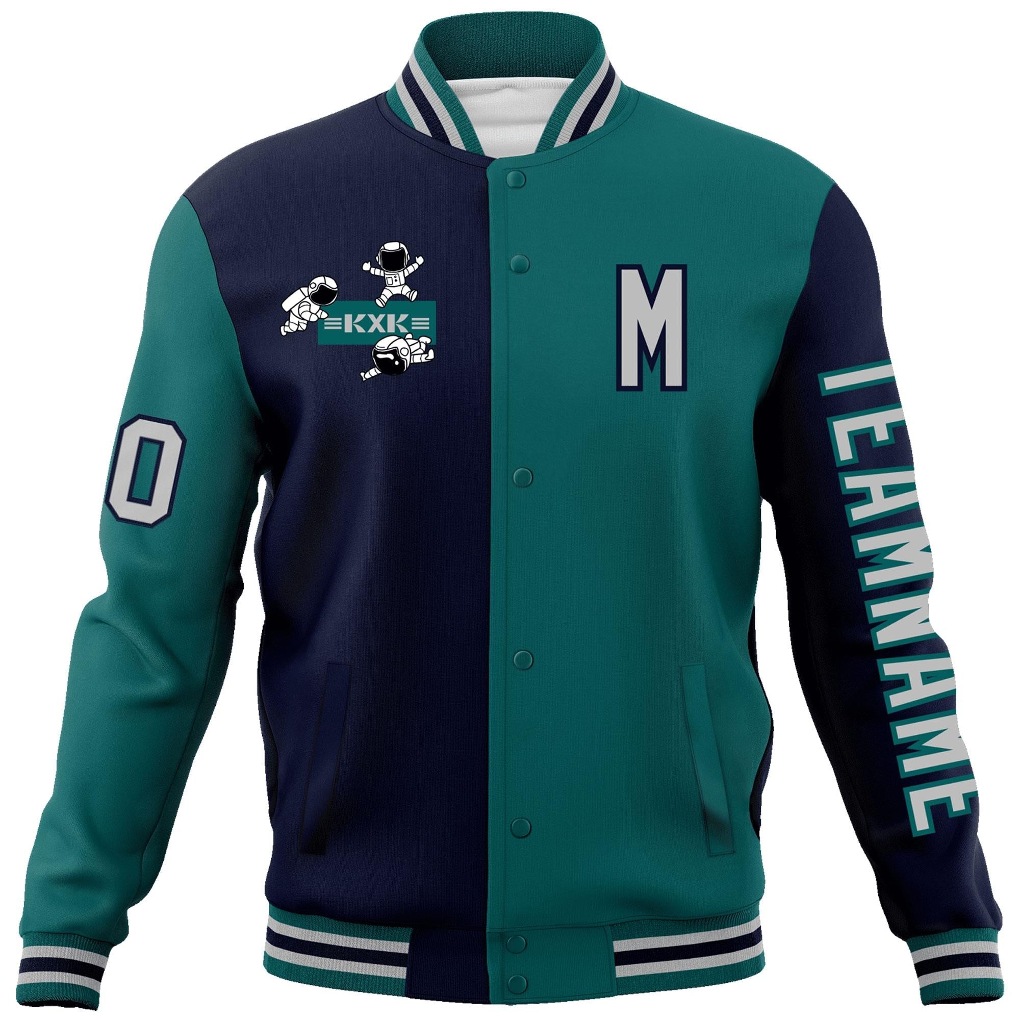 Custom Navy Aqua Two Tone Split Fashion Varsity Letterman Jacket with Raglan Sleeves