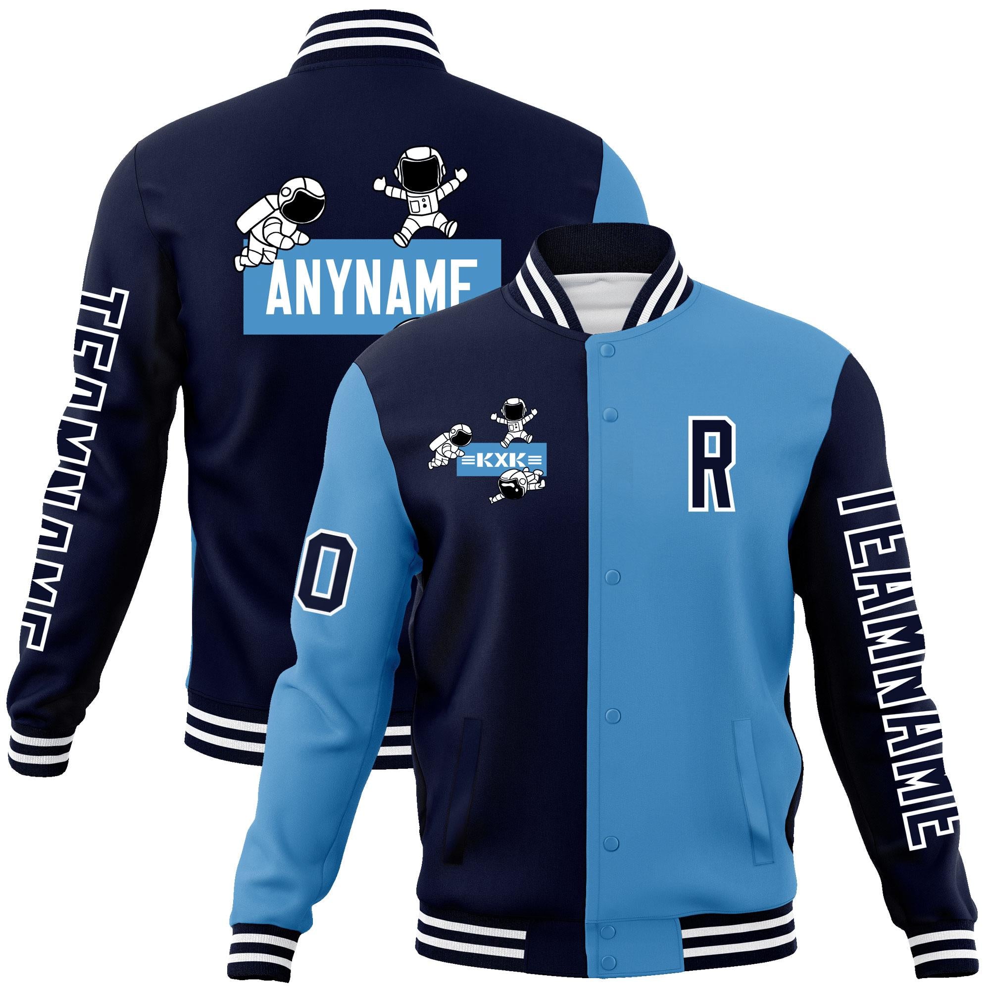 Custom Navy Light Blue Two Tone Split Fashion Varsity Letterman Jacket with Raglan Sleeves