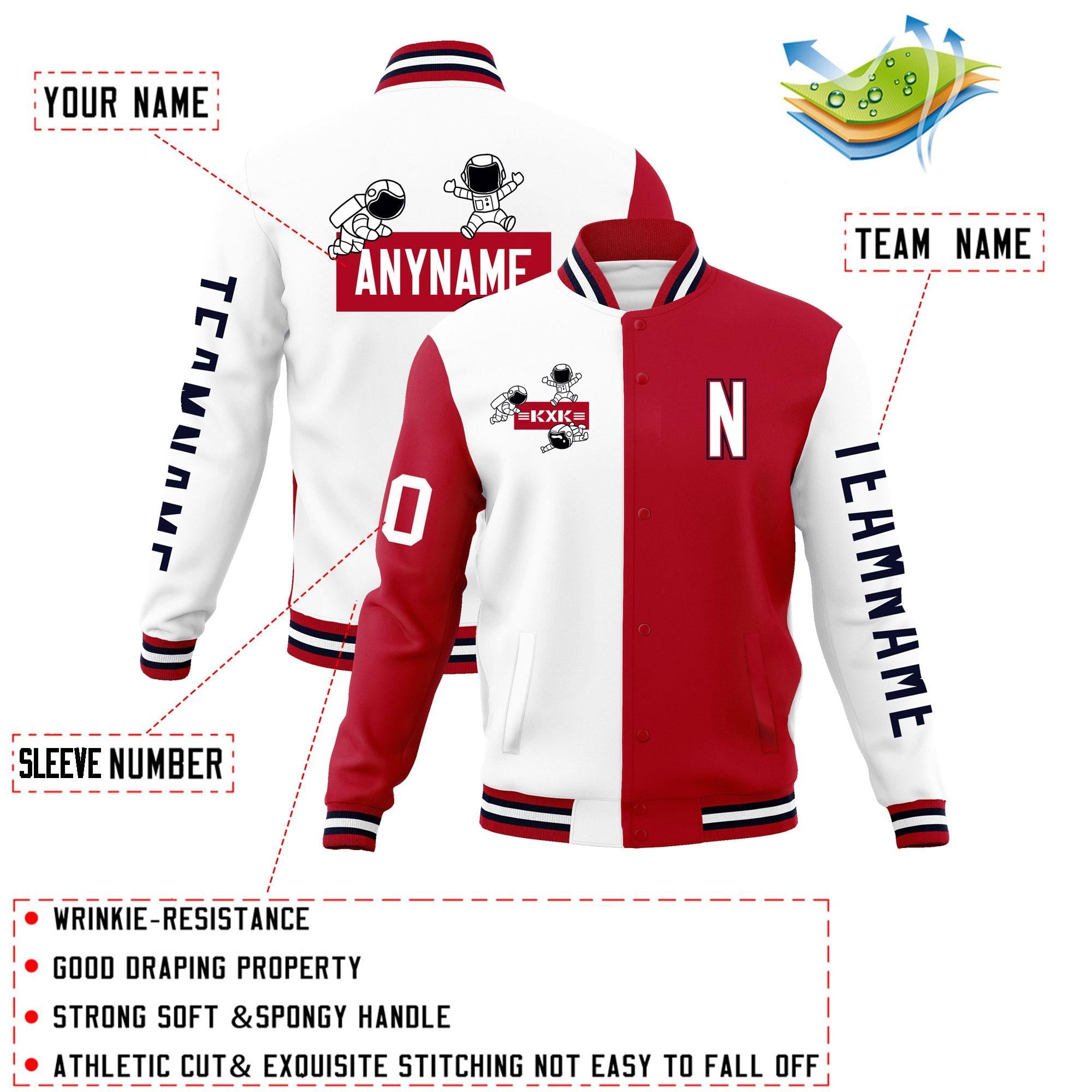 Custom White Red Two Tone Split Fashion Varsity Letterman Jacket with Raglan Sleeves