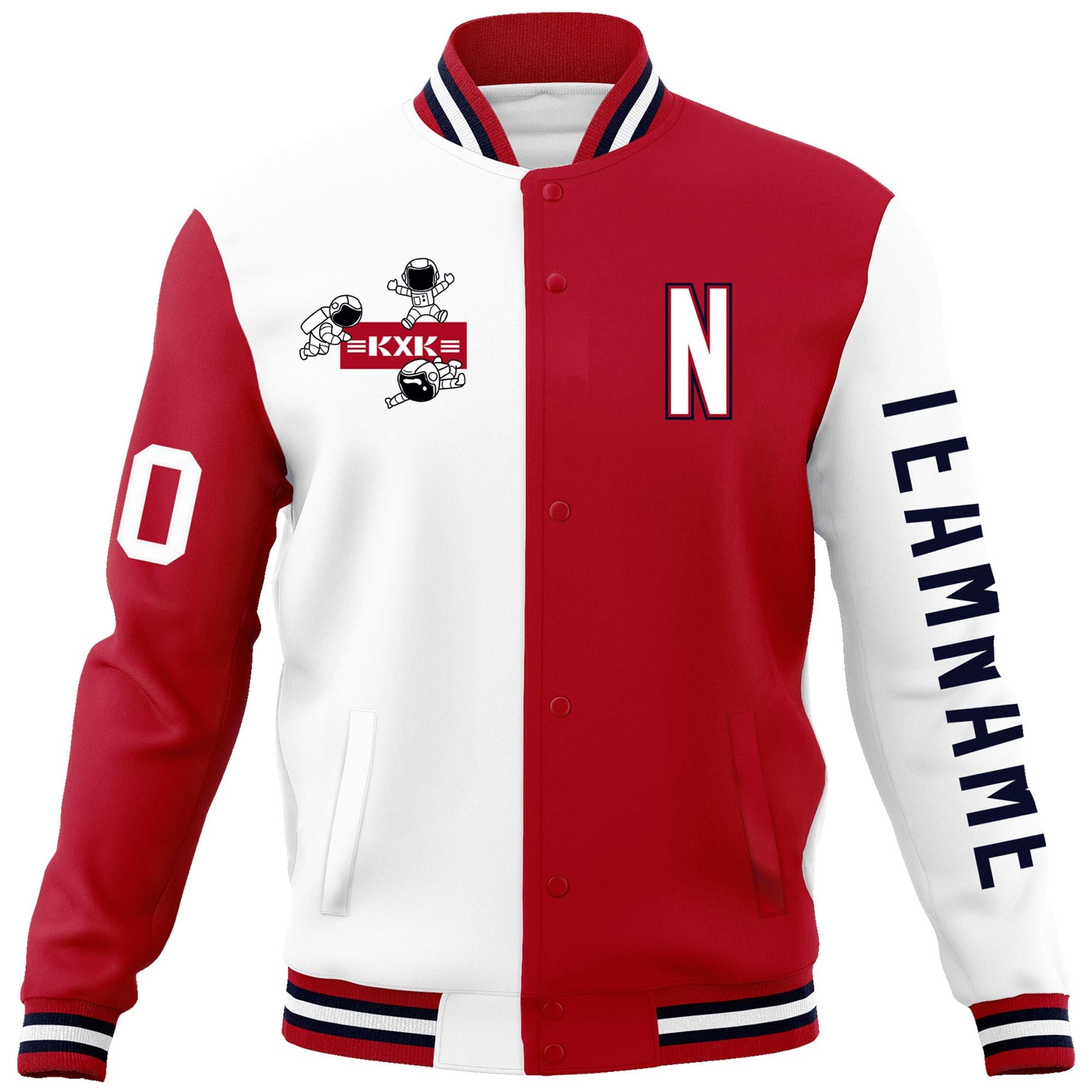 Custom White Red Two Tone Split Fashion Varsity Letterman Jacket with Raglan Sleeves