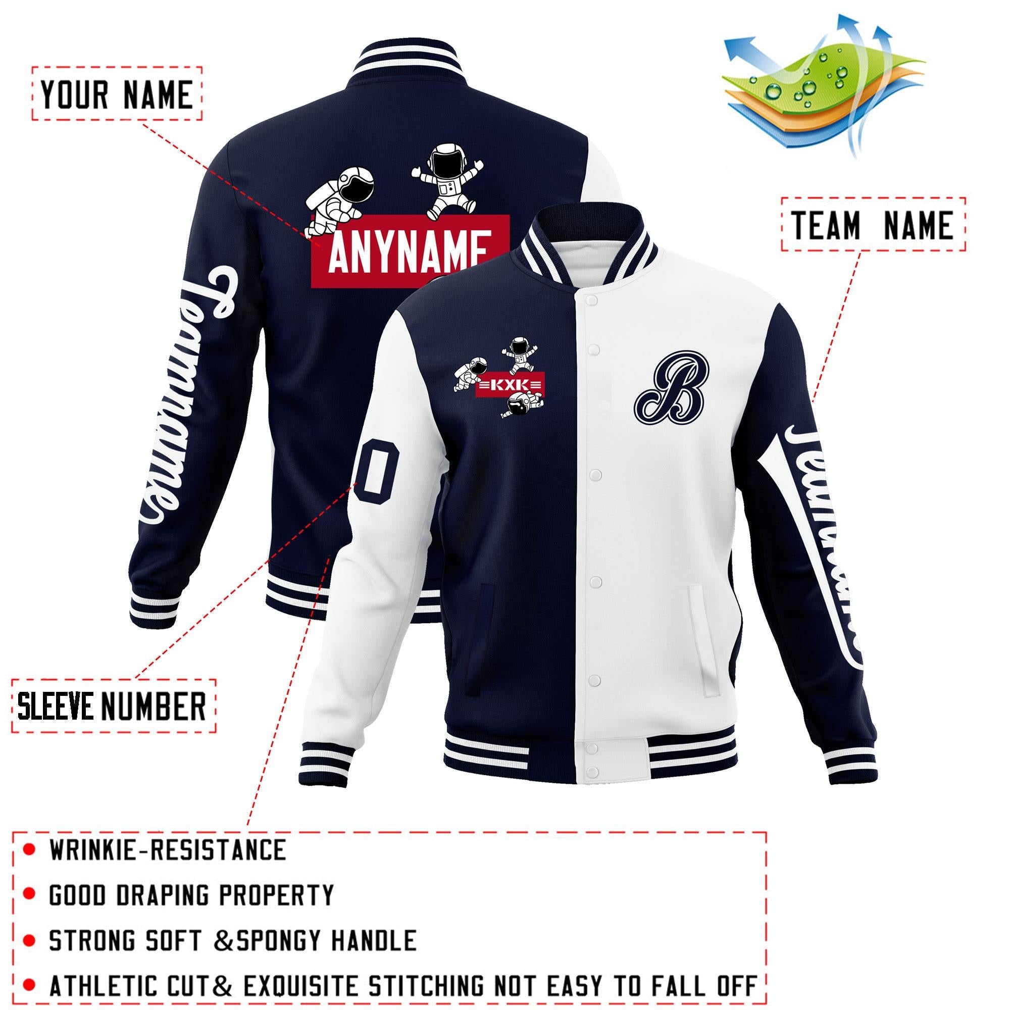 Custom Navy White Two Tone Split Fashion Varsity Letterman Jacket with Raglan Sleeves