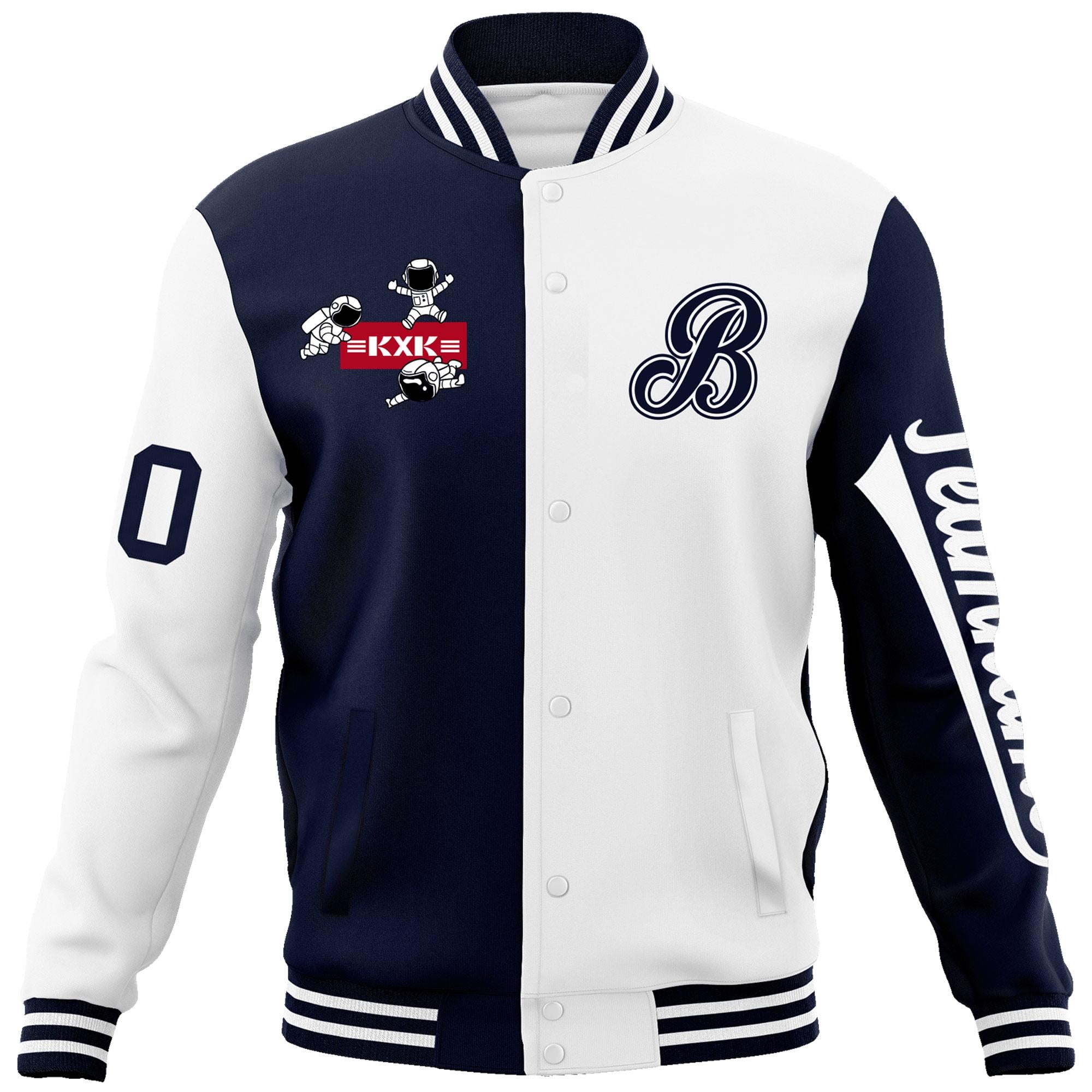 Custom Navy White Two Tone Split Fashion Varsity Letterman Jacket with Raglan Sleeves