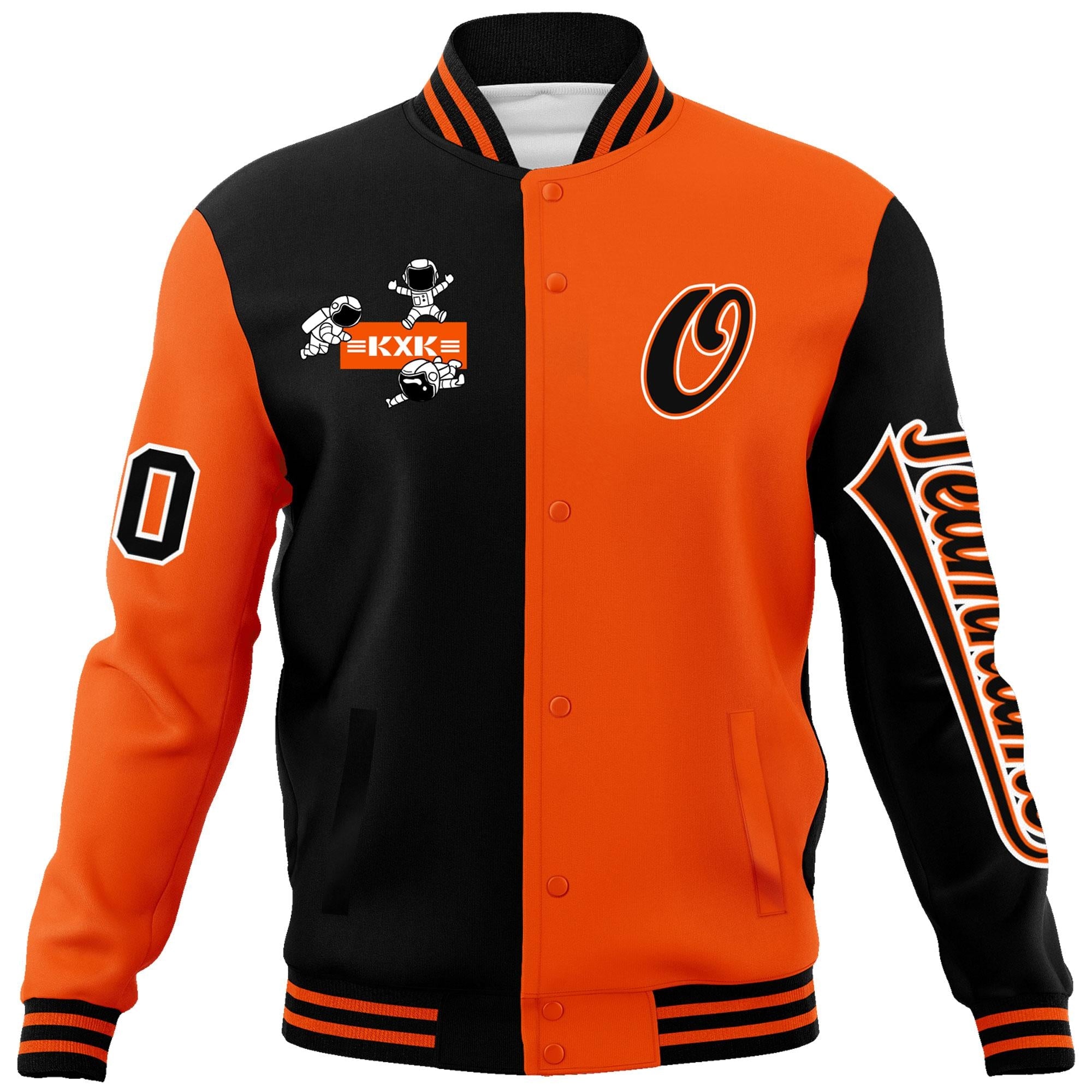 Custom Black Orange Two Tone Split Fashion Varsity Letterman Jacket with Raglan Sleeves