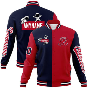 Custom Navy Red Two Tone Split Fashion Varsity Letterman Jacket with Raglan Sleeves