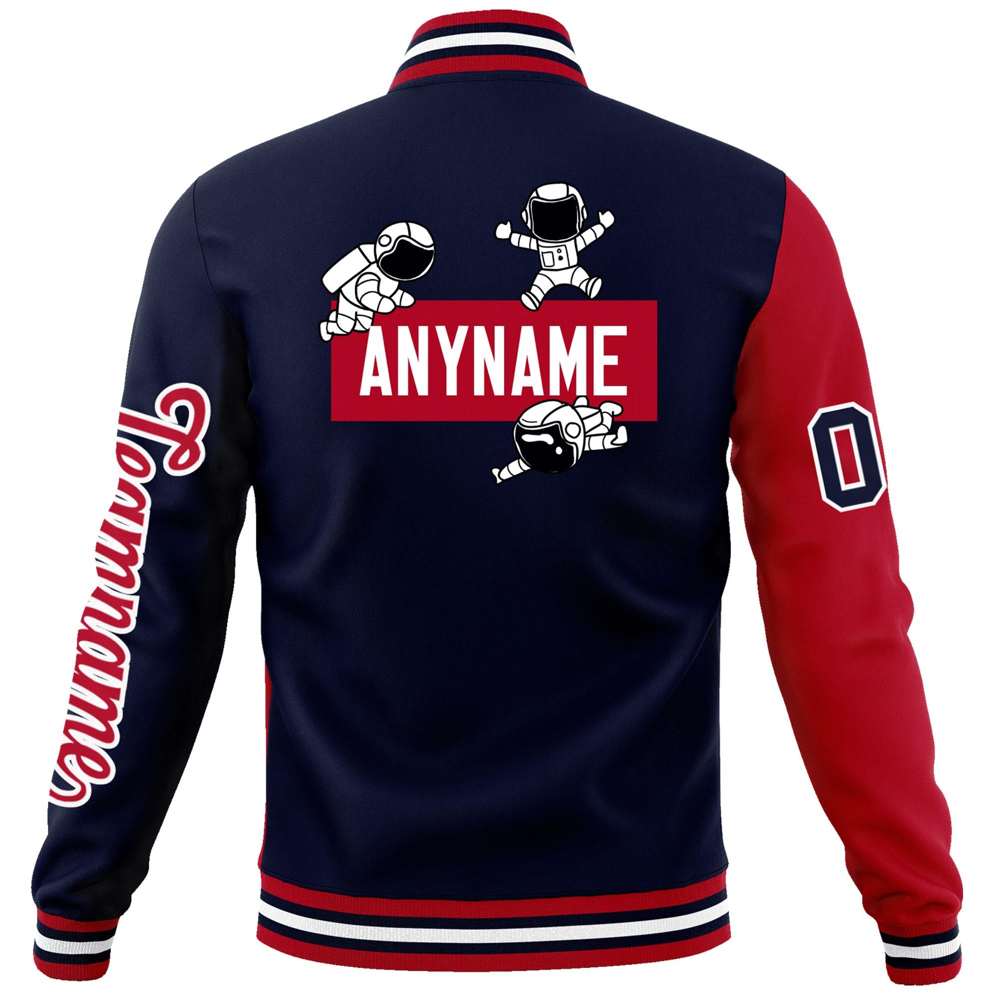 Custom Navy Red Two Tone Split Fashion Varsity Letterman Jacket with Raglan Sleeves