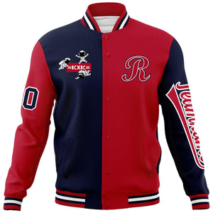 Custom Navy Red Two Tone Split Fashion Varsity Letterman Jacket with Raglan Sleeves