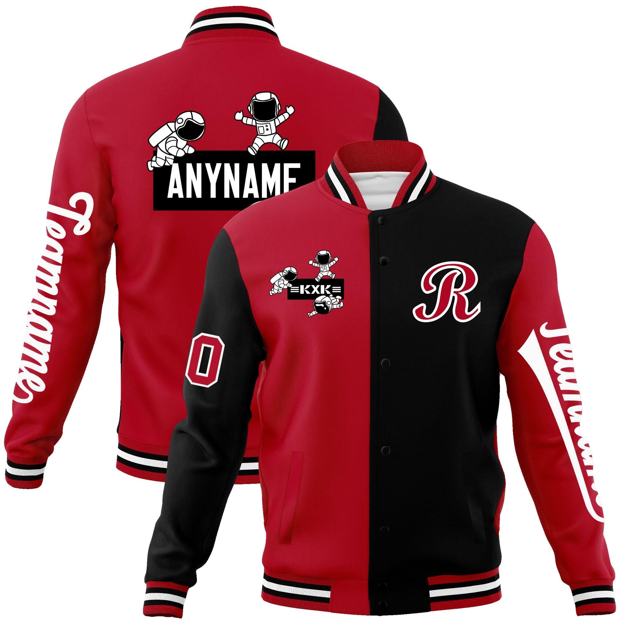 Custom Red Black Two Tone Split Fashion Varsity Letterman Jacket with Raglan Sleeves