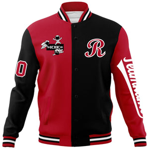 Custom Red Black Two Tone Split Fashion Varsity Letterman Jacket with Raglan Sleeves