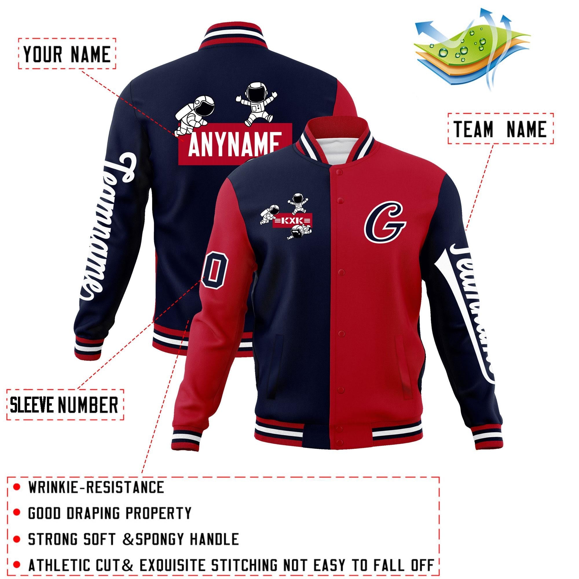 Custom Navy Red Two Tone Split Fashion Varsity Letterman Jacket with Raglan Sleeves