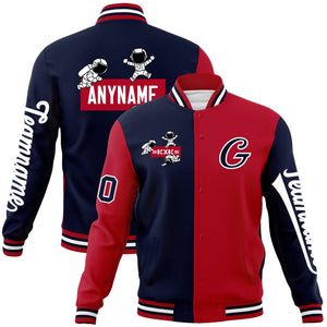 Custom Navy Red Two Tone Split Fashion Varsity Letterman Jacket with Raglan Sleeves