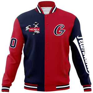 Custom Navy Red Two Tone Split Fashion Varsity Letterman Jacket with Raglan Sleeves