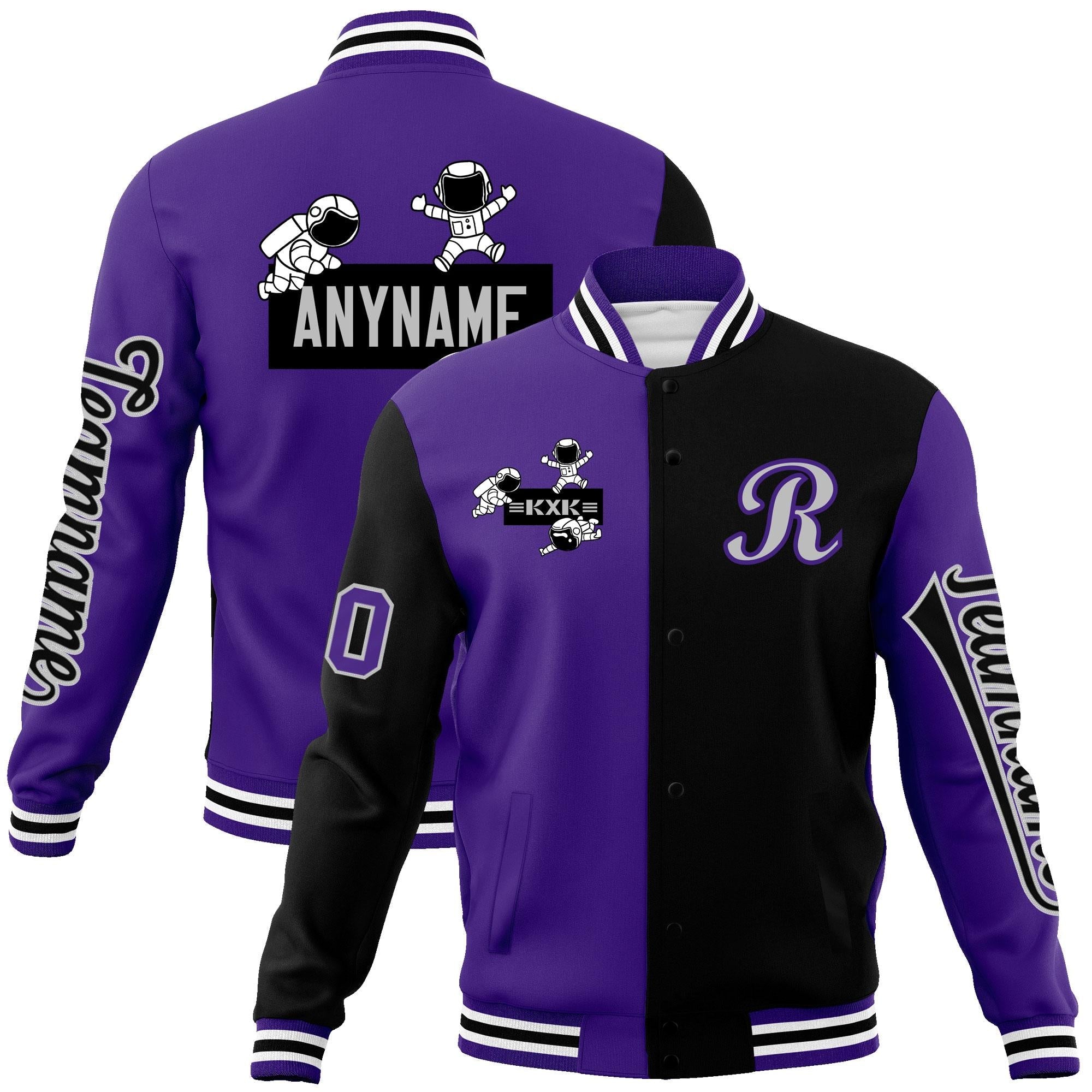 Custom Purple Black Two Tone Split Fashion Varsity Letterman Jacket with Raglan Sleeves