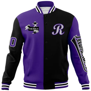 Custom Purple Black Two Tone Split Fashion Varsity Letterman Jacket with Raglan Sleeves