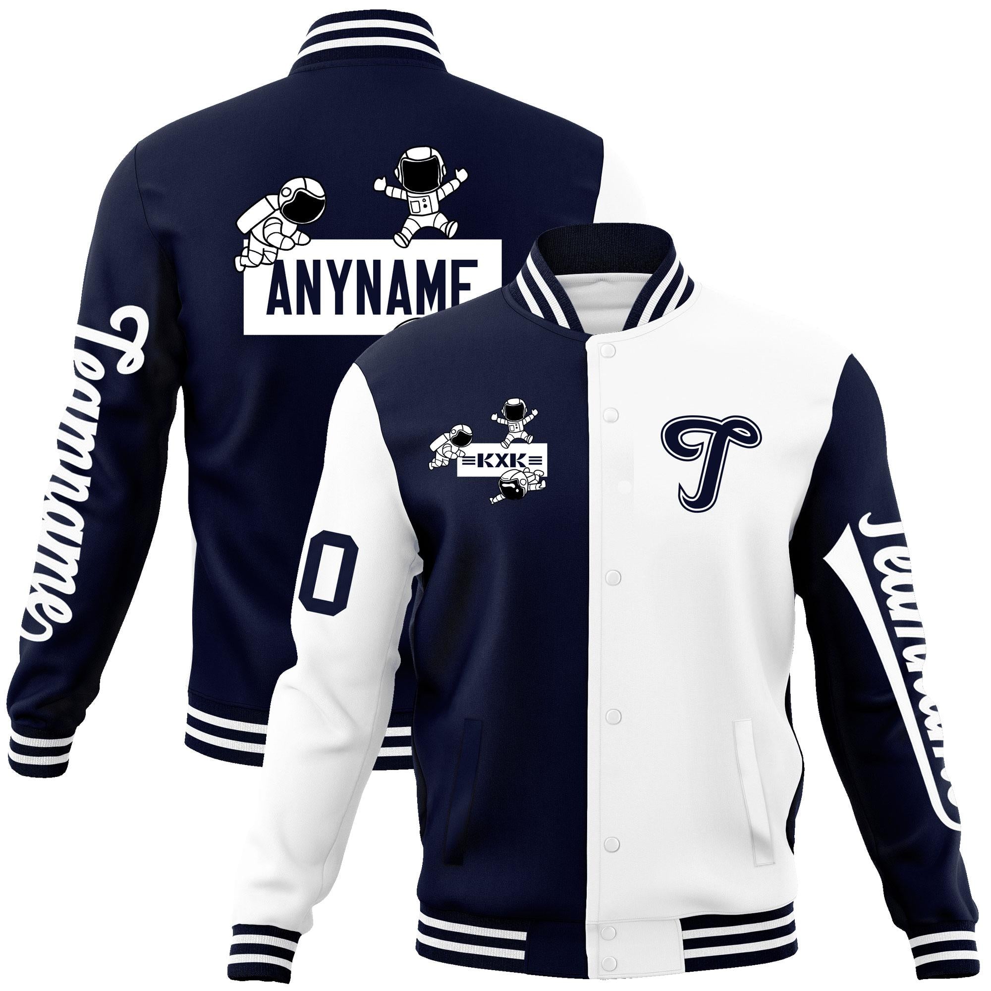 Custom Navy White Two Tone Split Fashion Varsity Letterman Jacket with Raglan Sleeves