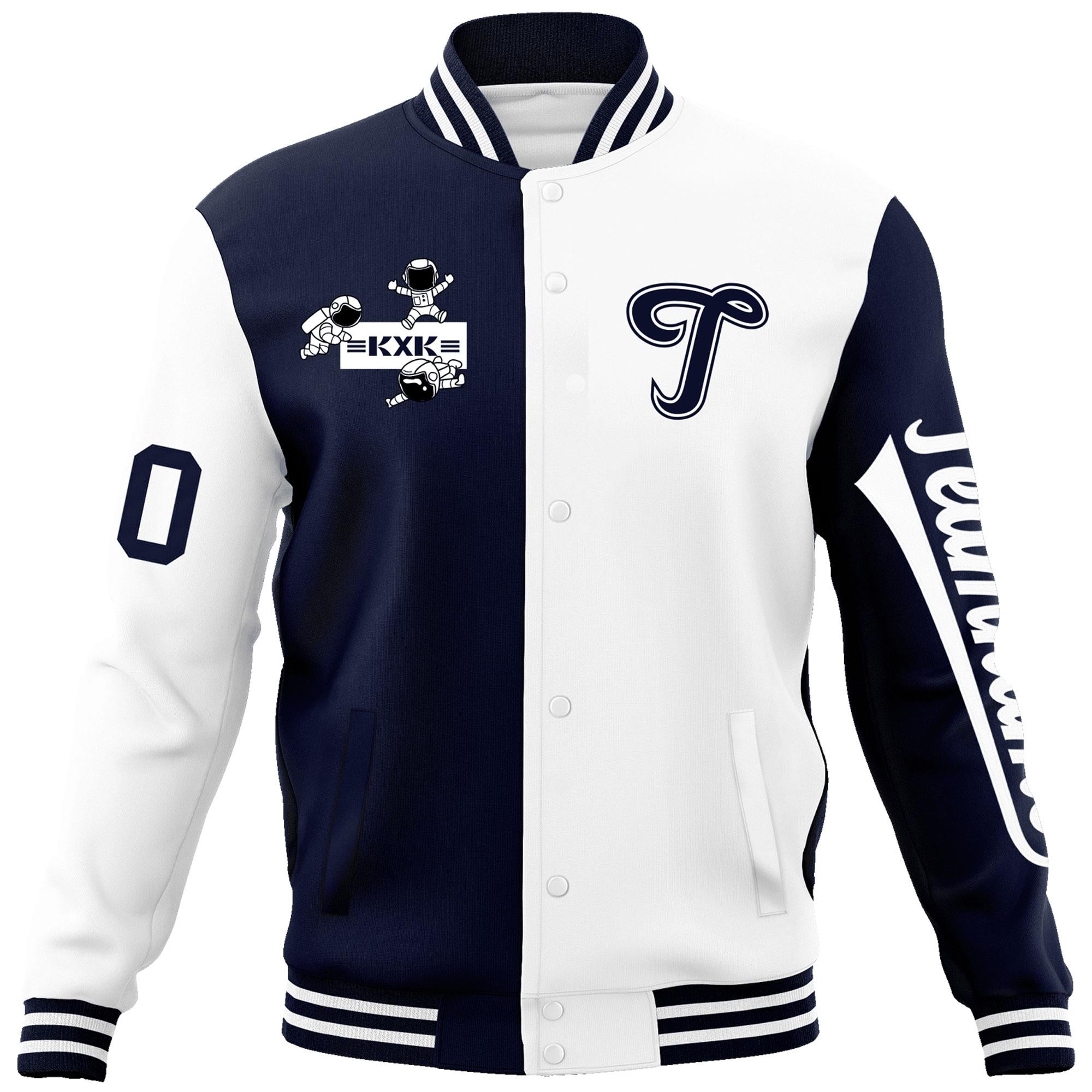 Custom Navy White Two Tone Split Fashion Varsity Letterman Jacket with Raglan Sleeves