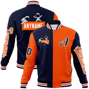 Custom Navy Orange Two Tone Split Fashion Varsity Letterman Jacket with Raglan Sleeves