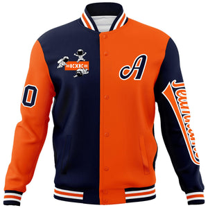 Custom Navy Orange Two Tone Split Fashion Varsity Letterman Jacket with Raglan Sleeves