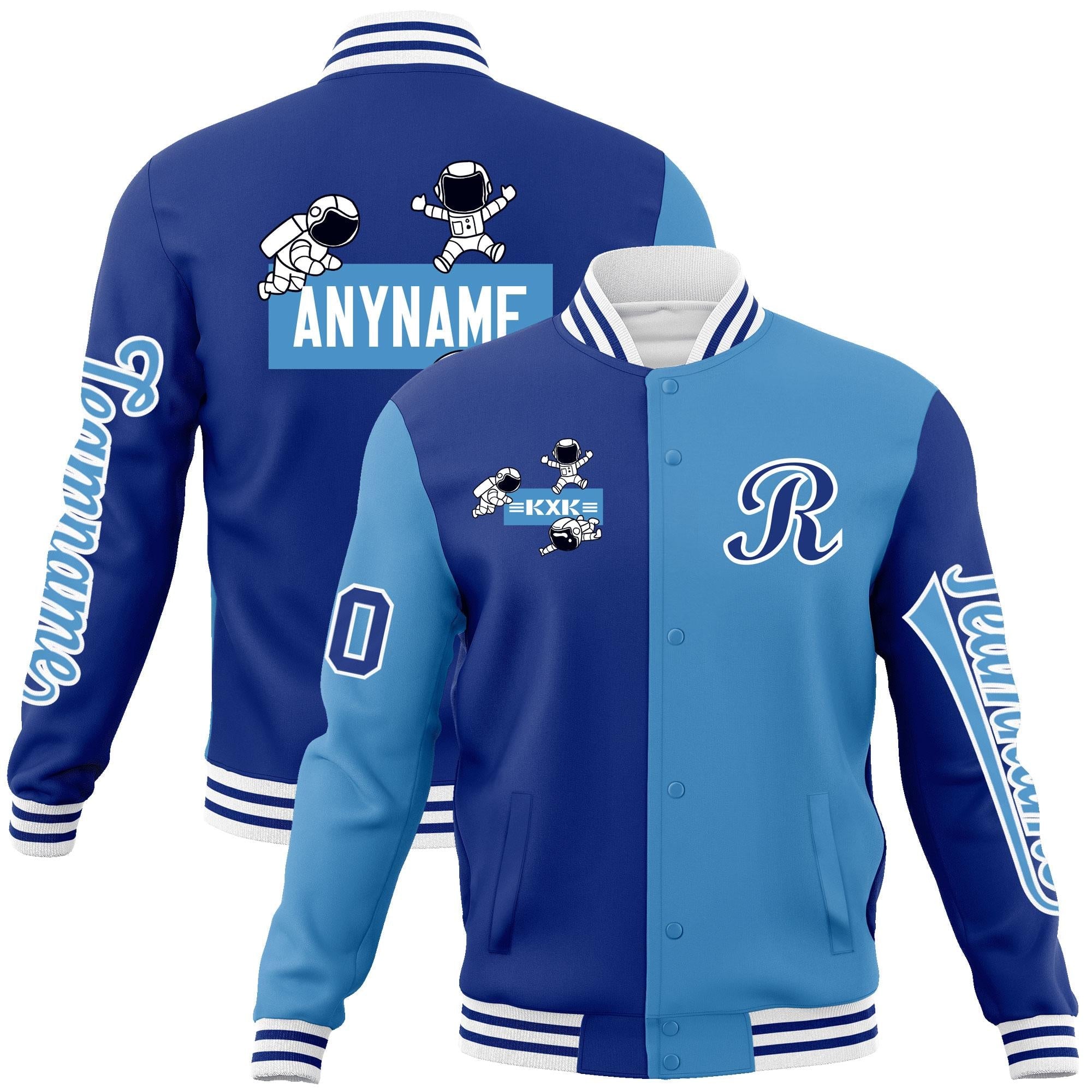 Custom Royal Light Blue Two Tone Split Fashion Varsity Letterman Jacket with Raglan Sleeves