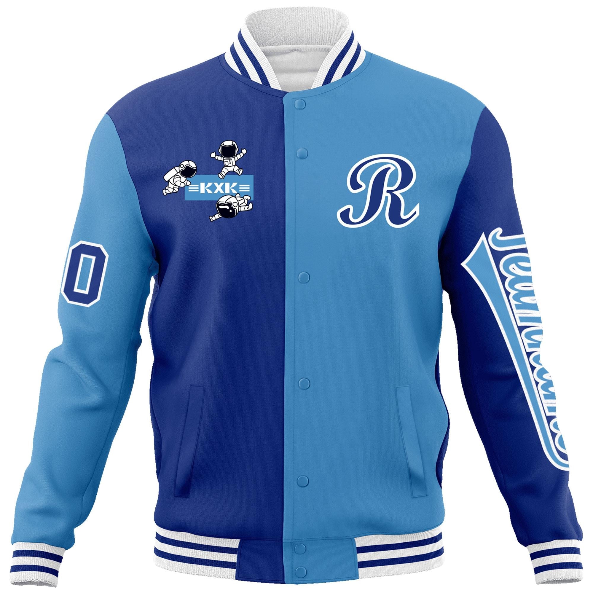 Custom Royal Light Blue Two Tone Split Fashion Varsity Letterman Jacket with Raglan Sleeves