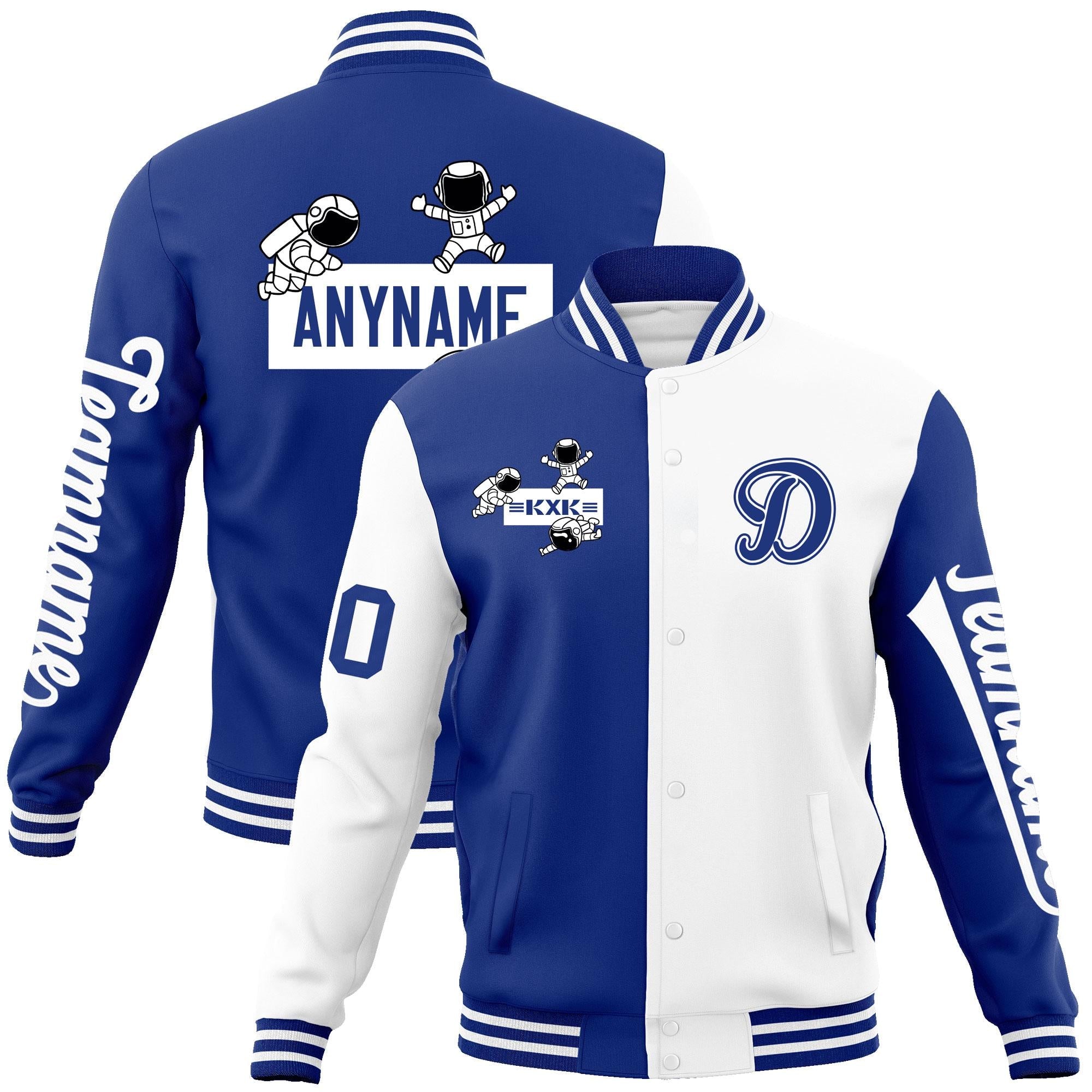 Custom Royal White Two Tone Split Fashion Varsity Letterman Jacket with Raglan Sleeves