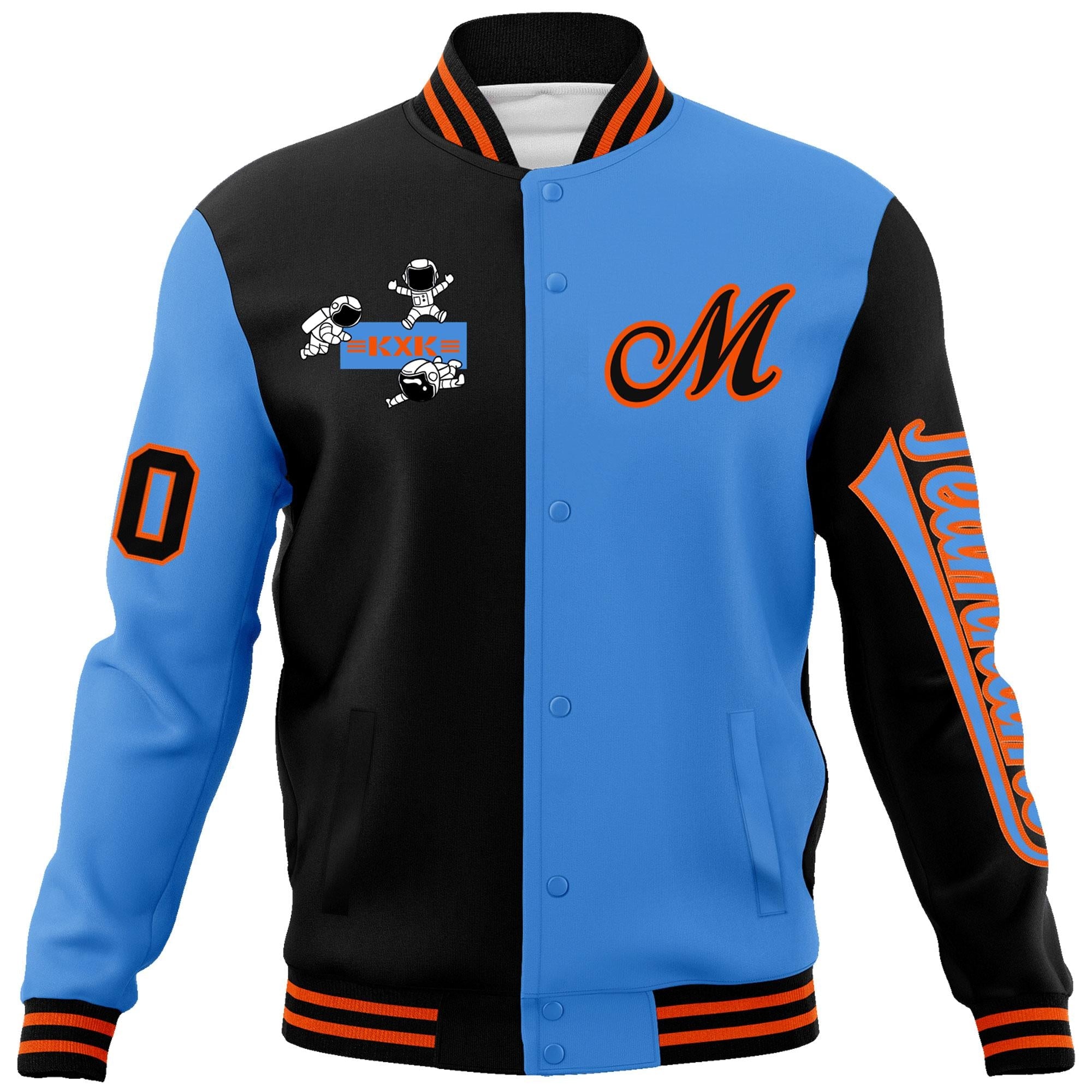 Custom Black Powder Blue Two Tone Split Fashion Varsity Letterman Jacket with Raglan Sleeves