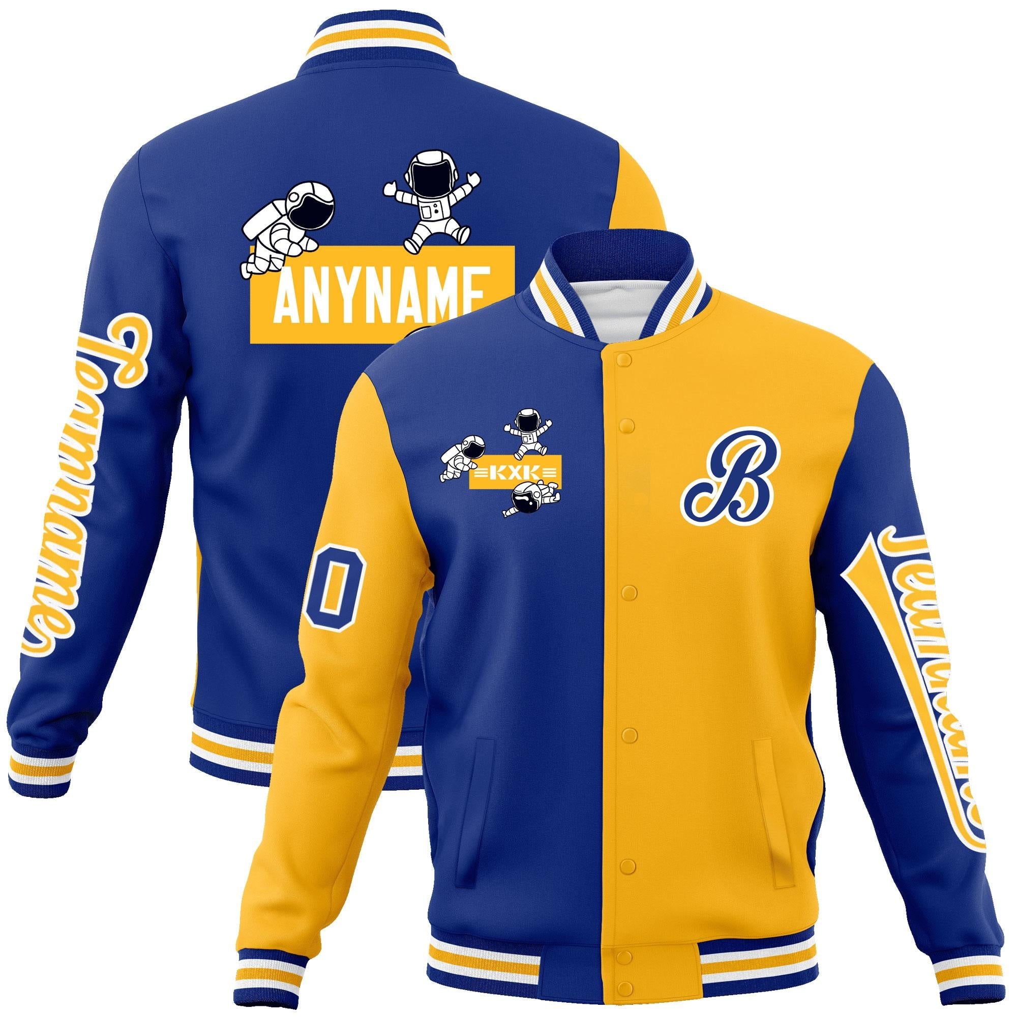 Custom Royal Gold Two Tone Split Fashion Varsity Letterman Jacket with Raglan Sleeves