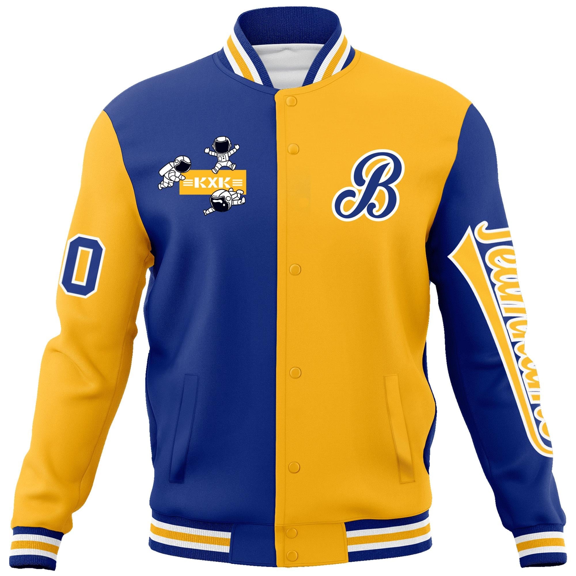 Custom Royal Gold Two Tone Split Fashion Varsity Letterman Jacket with Raglan Sleeves