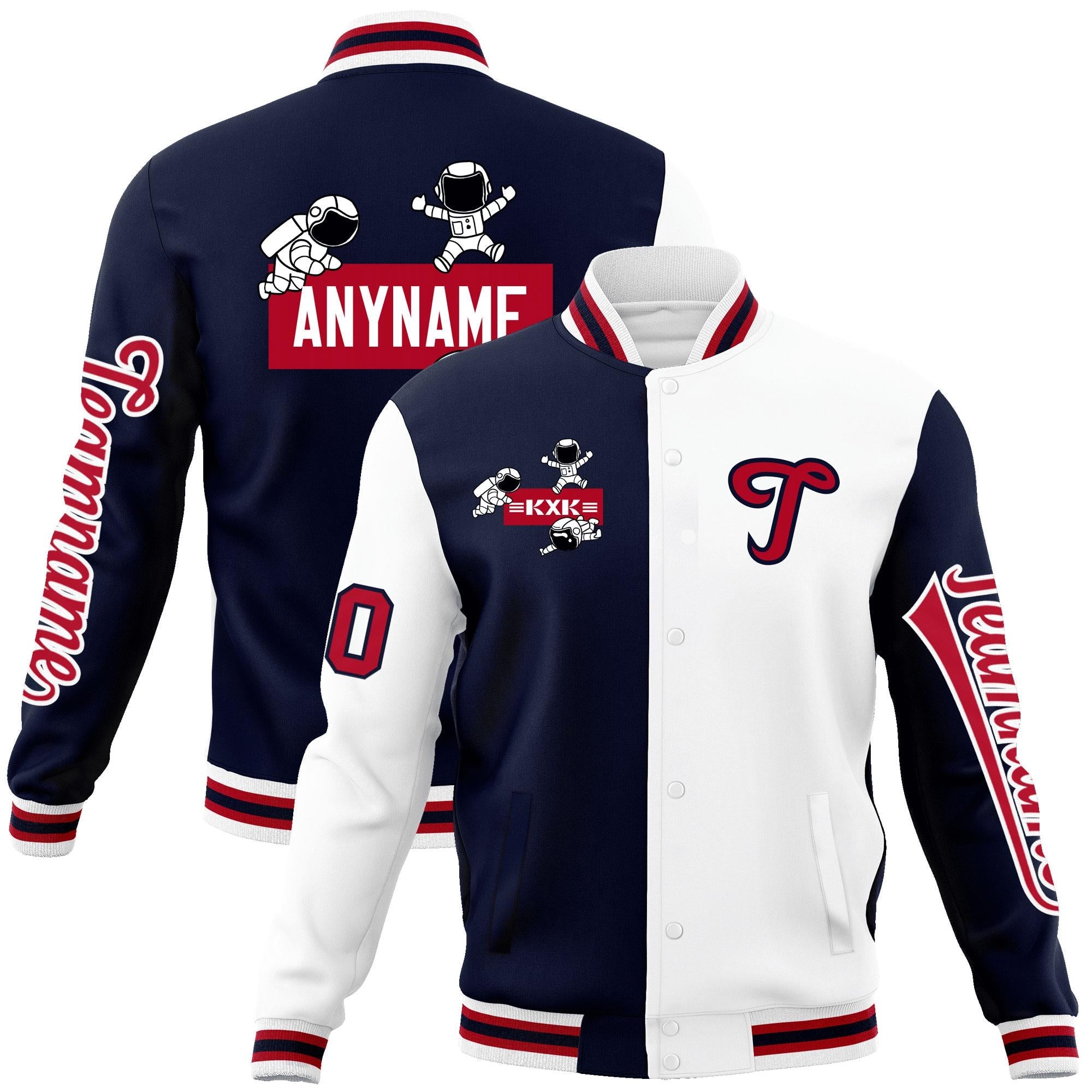 Custom Navy White Two Tone Split Fashion Varsity Letterman Jacket with Raglan Sleeves