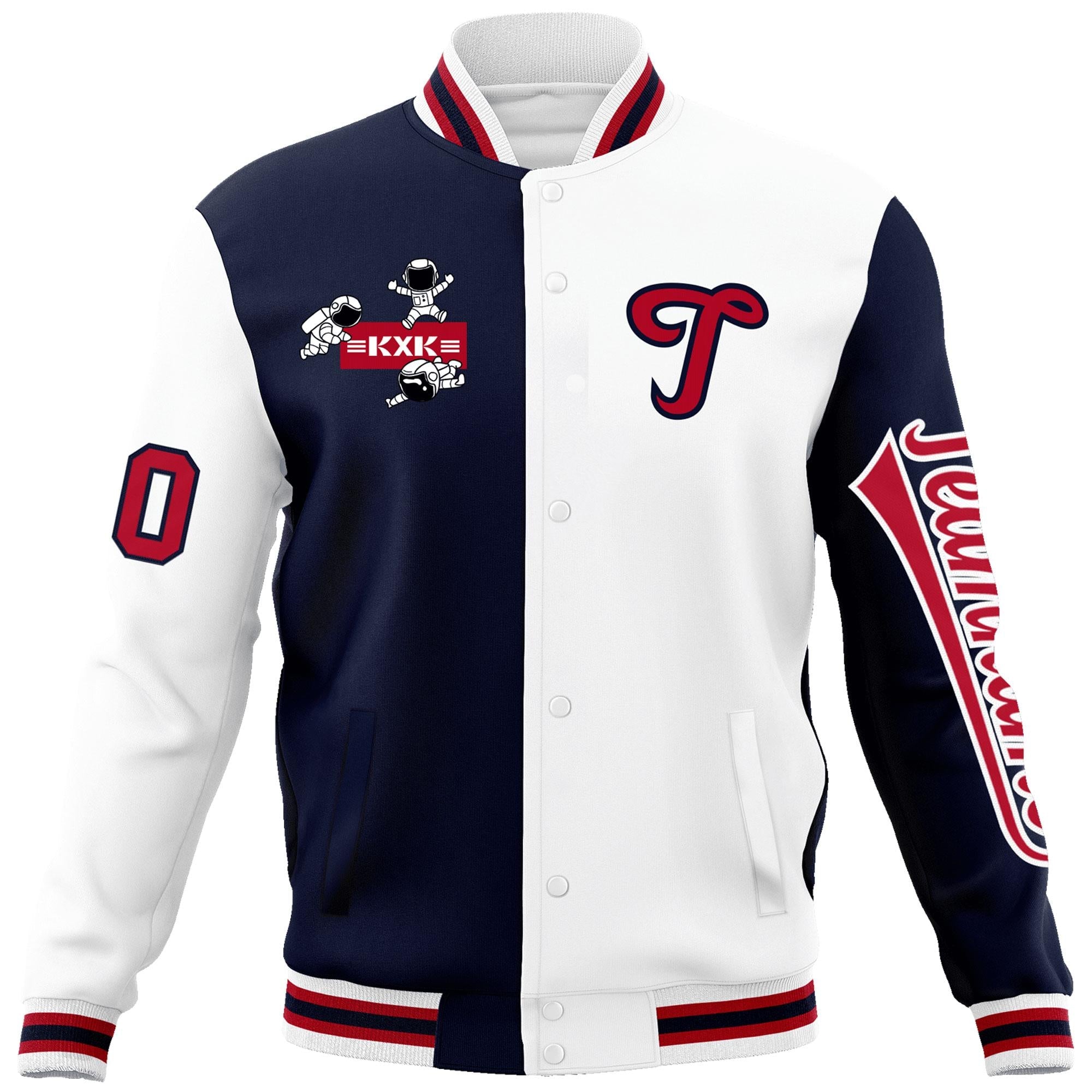 Custom Navy White Two Tone Split Fashion Varsity Letterman Jacket with Raglan Sleeves