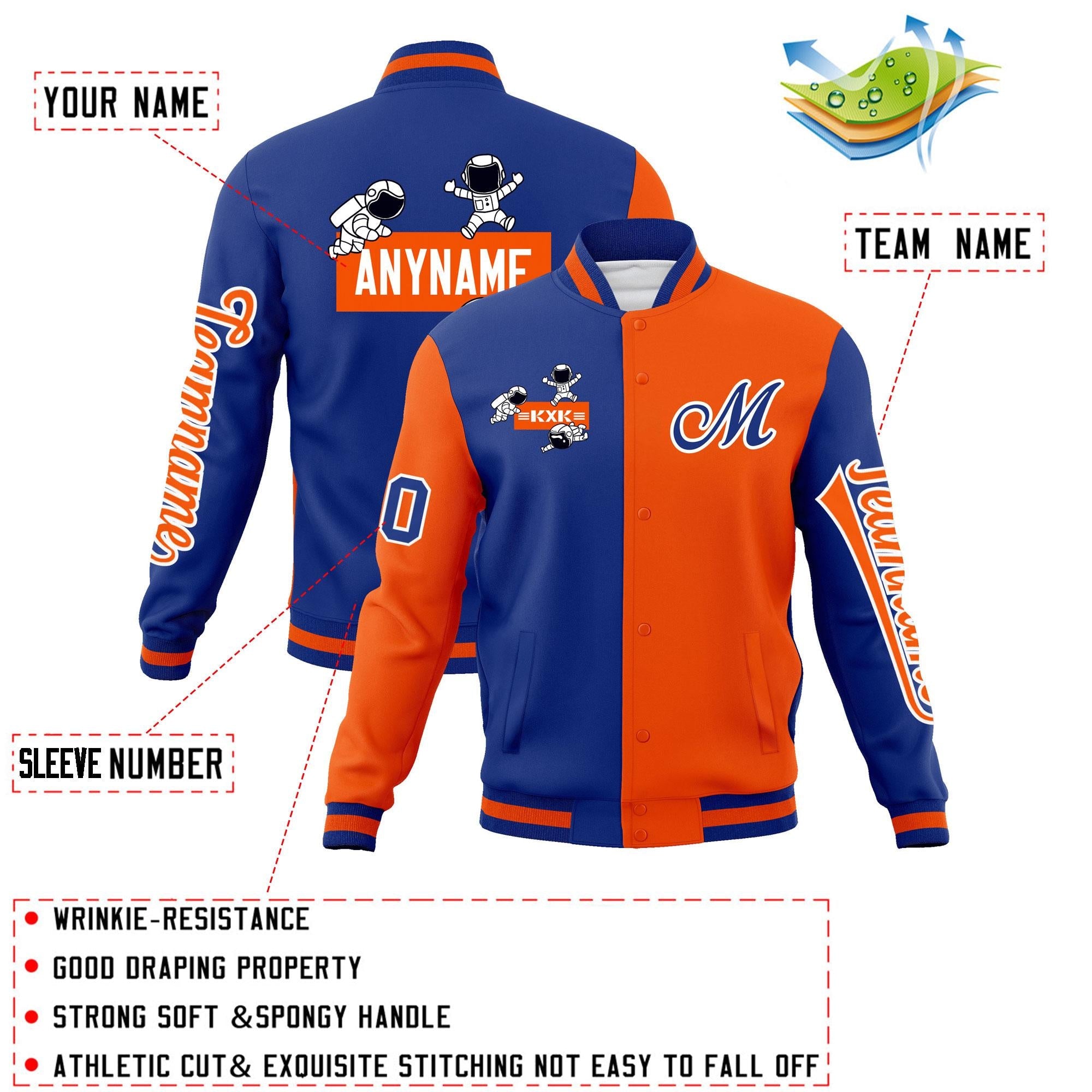 Custom Royal Orange Two Tone Split Fashion Varsity Letterman Jacket with Raglan Sleeves