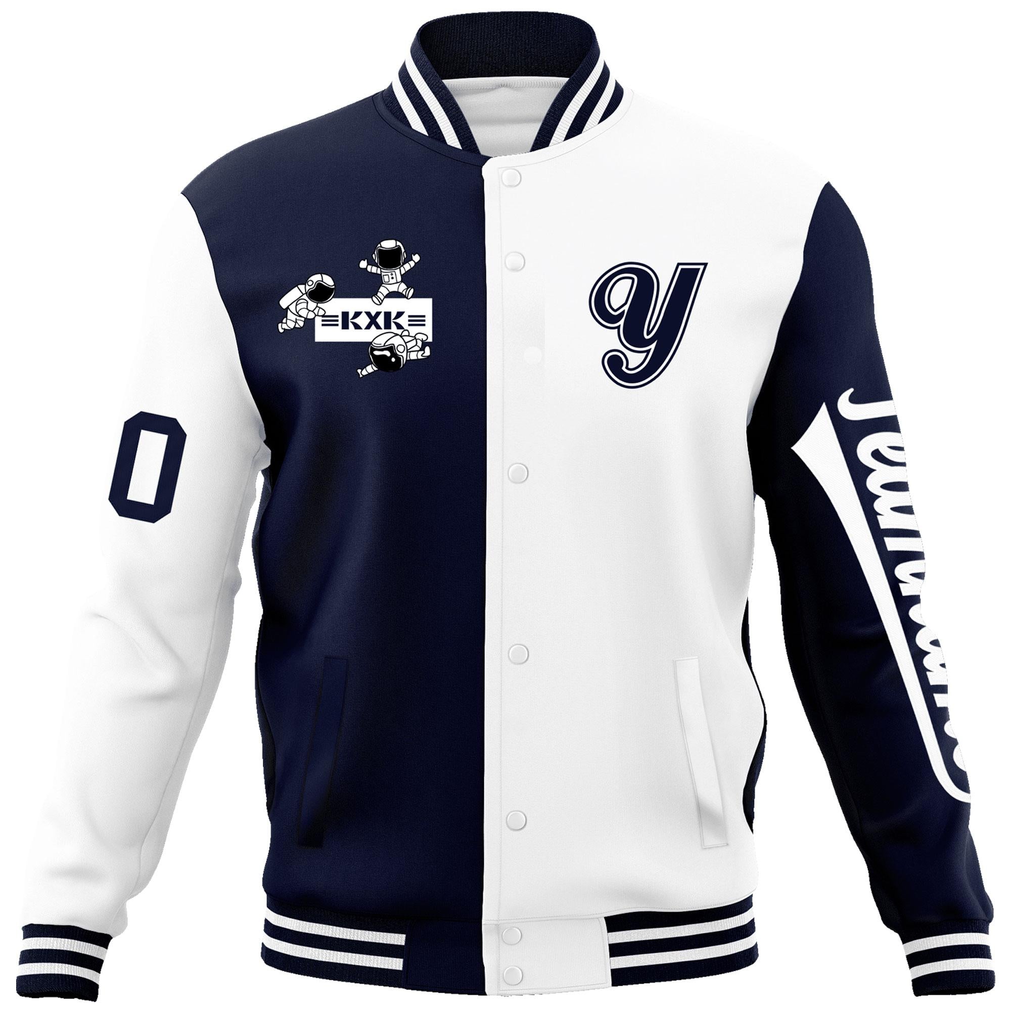 Custom Navy White Two Tone Split Fashion Varsity Letterman Jacket with Raglan Sleeves