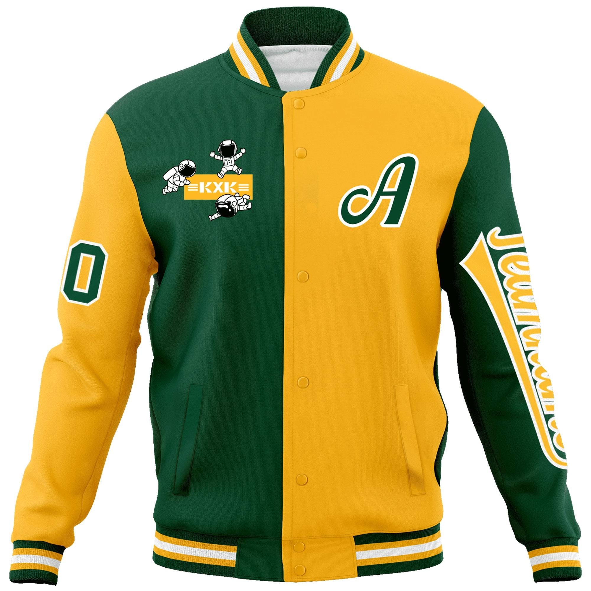 Custom Green Gold Two Tone Split Fashion Varsity Letterman Jacket with Raglan Sleeves