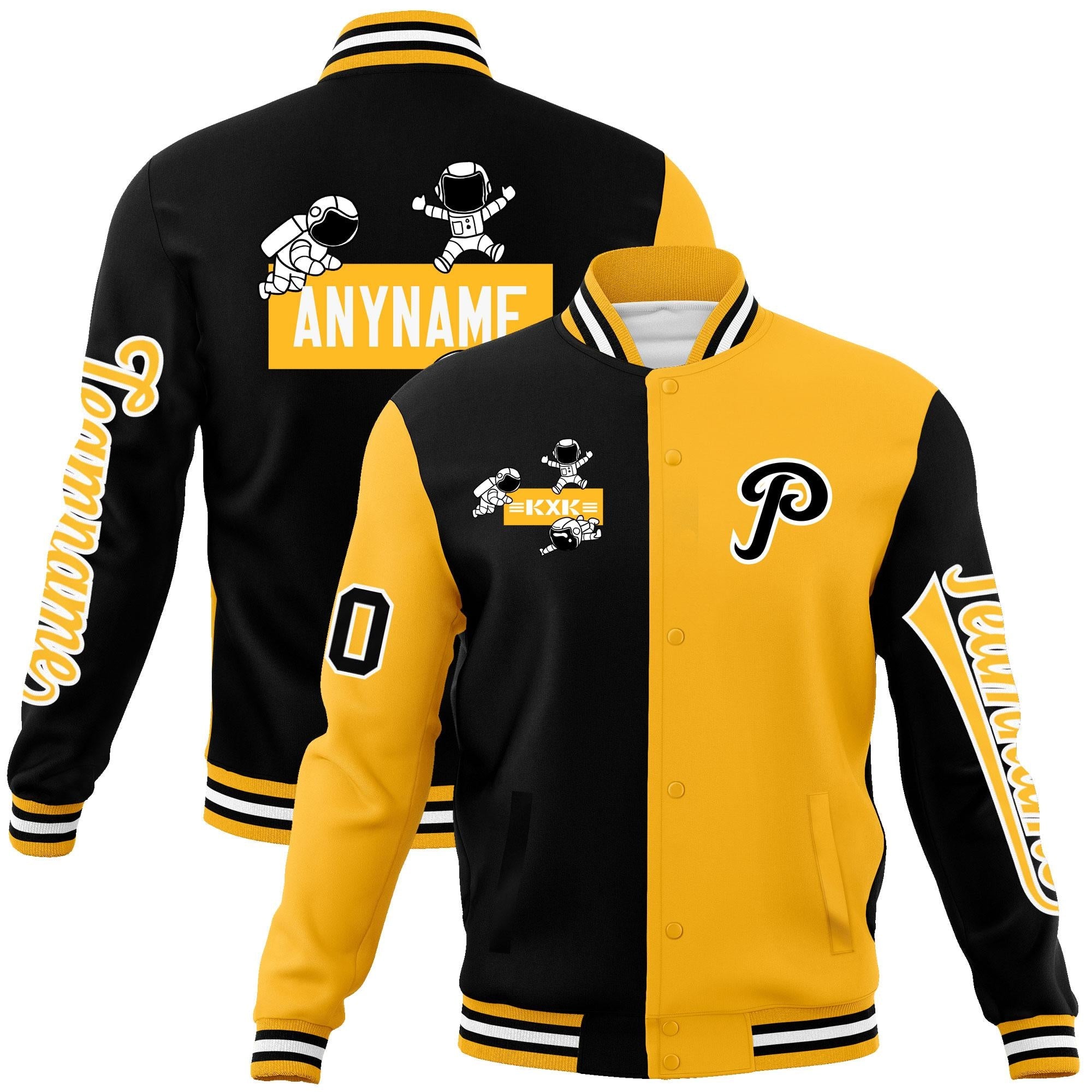 Custom Black Gold Two Tone Split Fashion Varsity Letterman Jacket with Raglan Sleeves