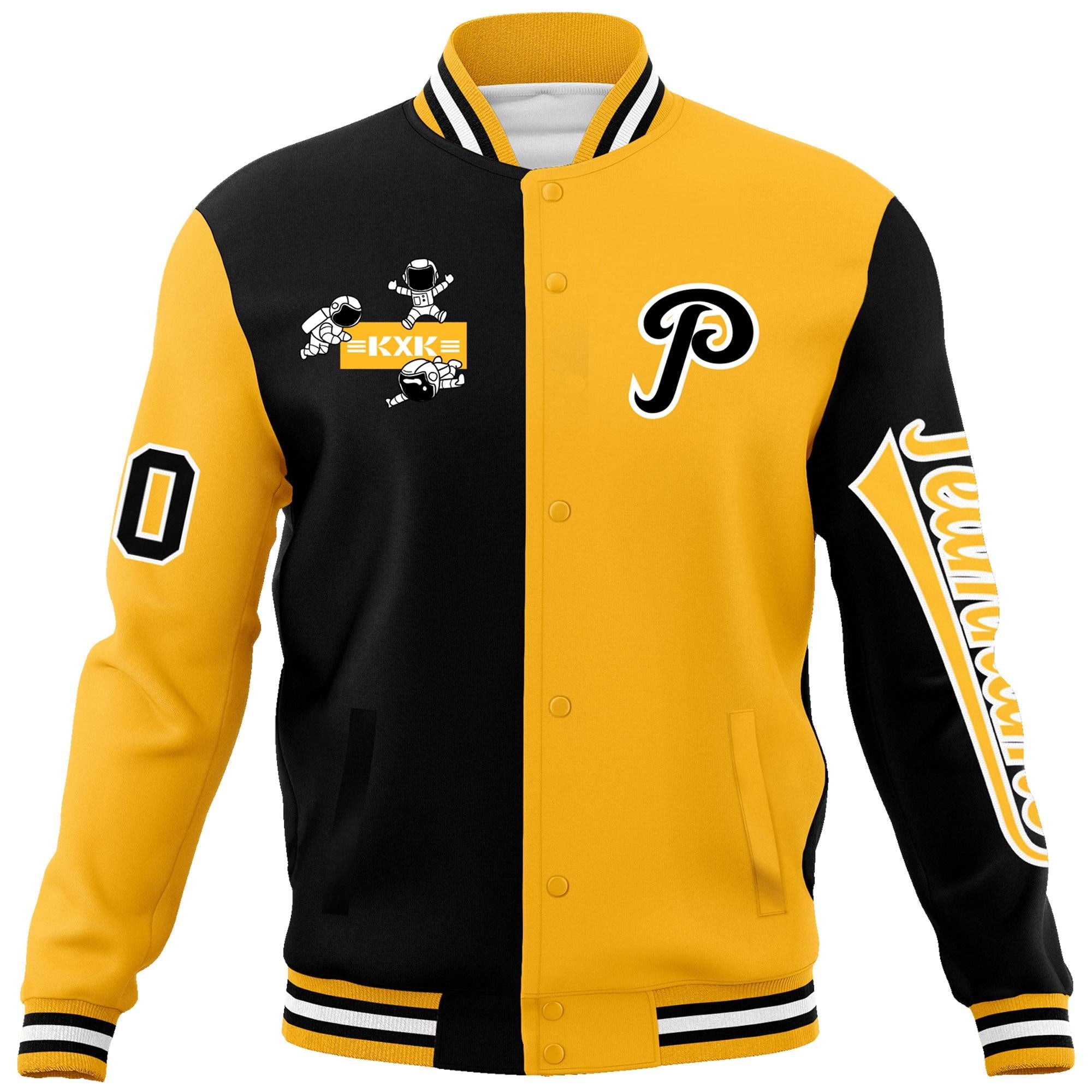 Custom Black Gold Two Tone Split Fashion Varsity Letterman Jacket with Raglan Sleeves