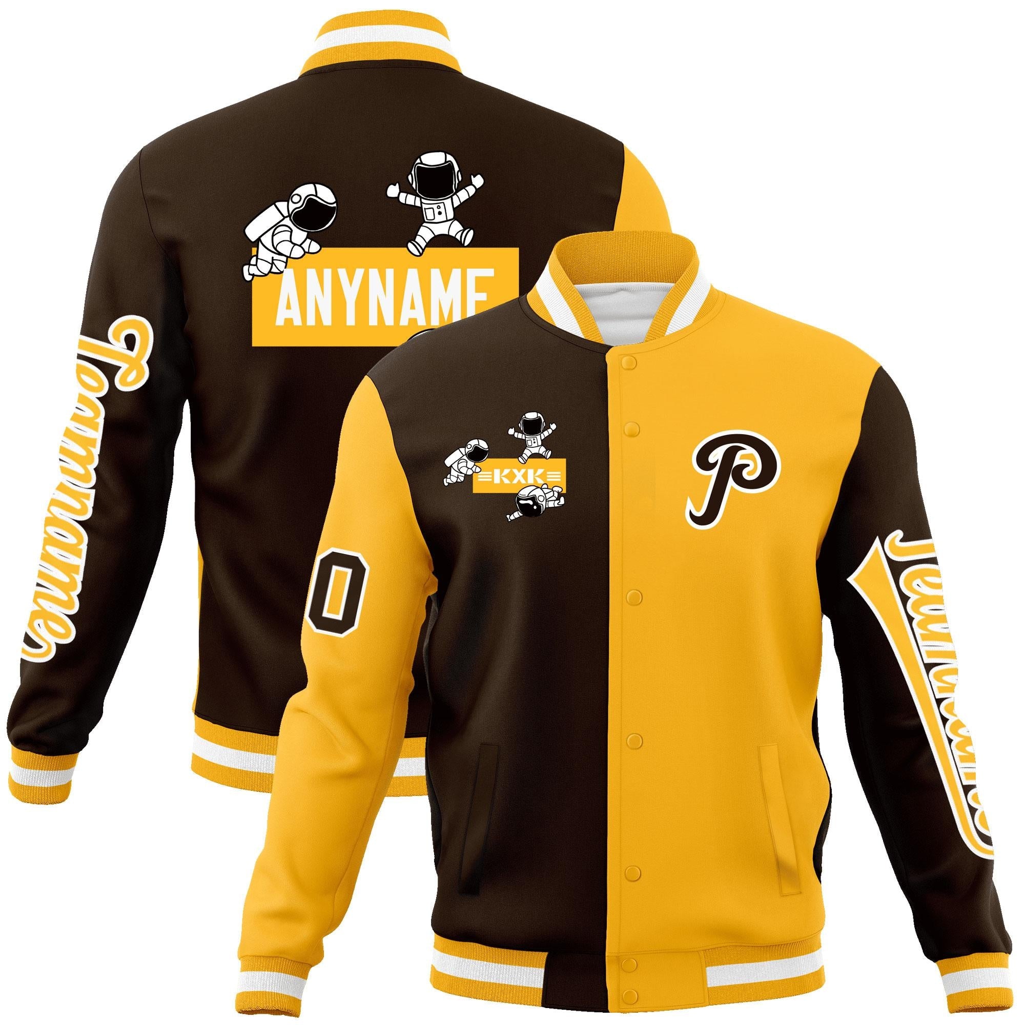 Custom Brown Gold Two Tone Split Fashion Varsity Letterman Jacket with Raglan Sleeves