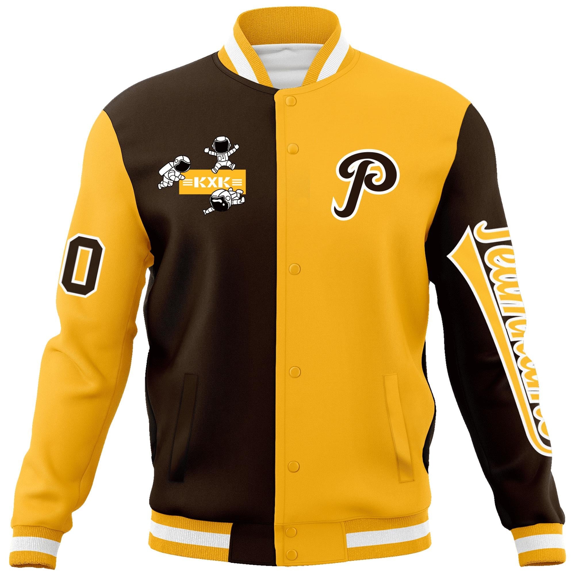 Custom Brown Gold Two Tone Split Fashion Varsity Letterman Jacket with Raglan Sleeves