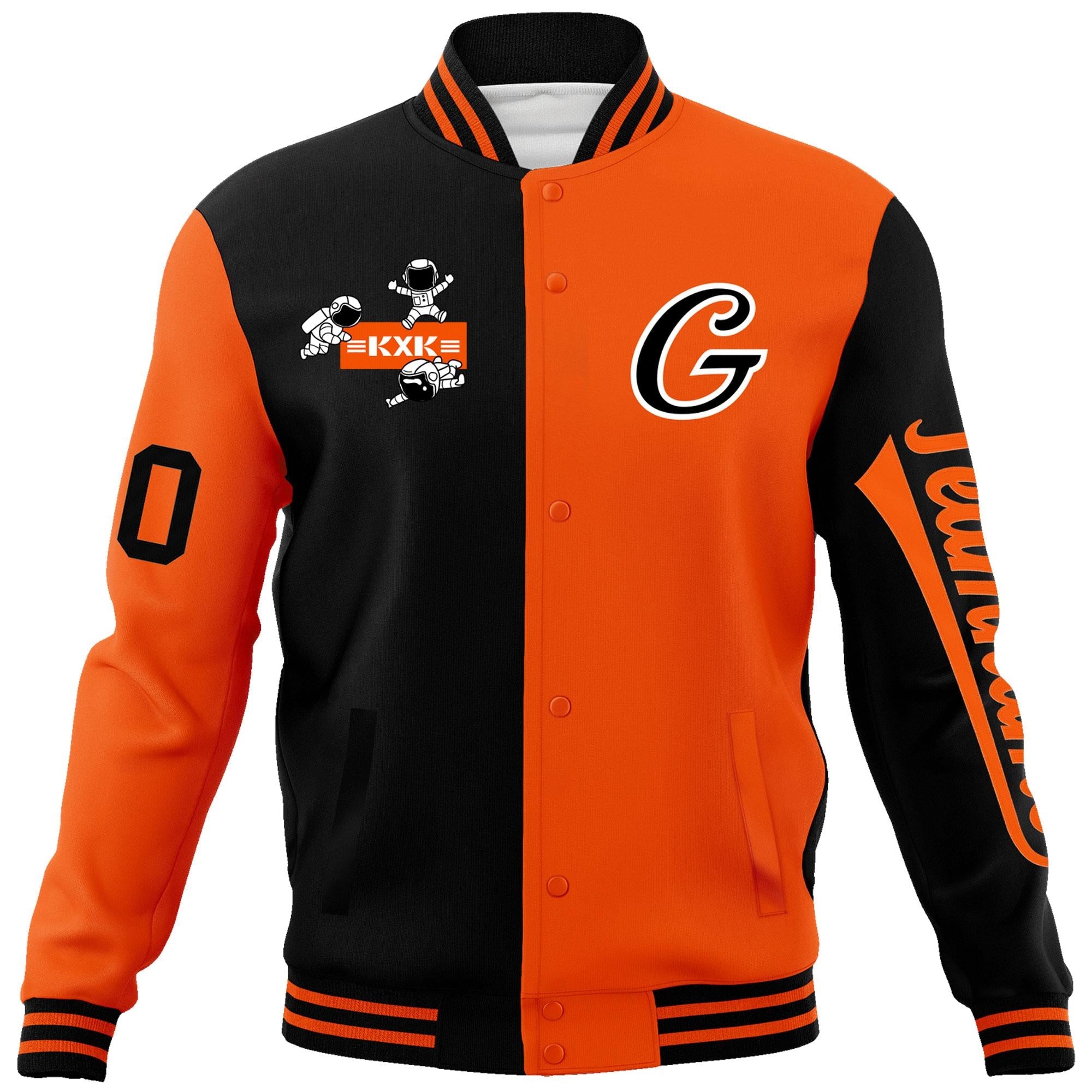 Custom Black Orange Two Tone Split Fashion Varsity Letterman Jacket with Raglan Sleeves