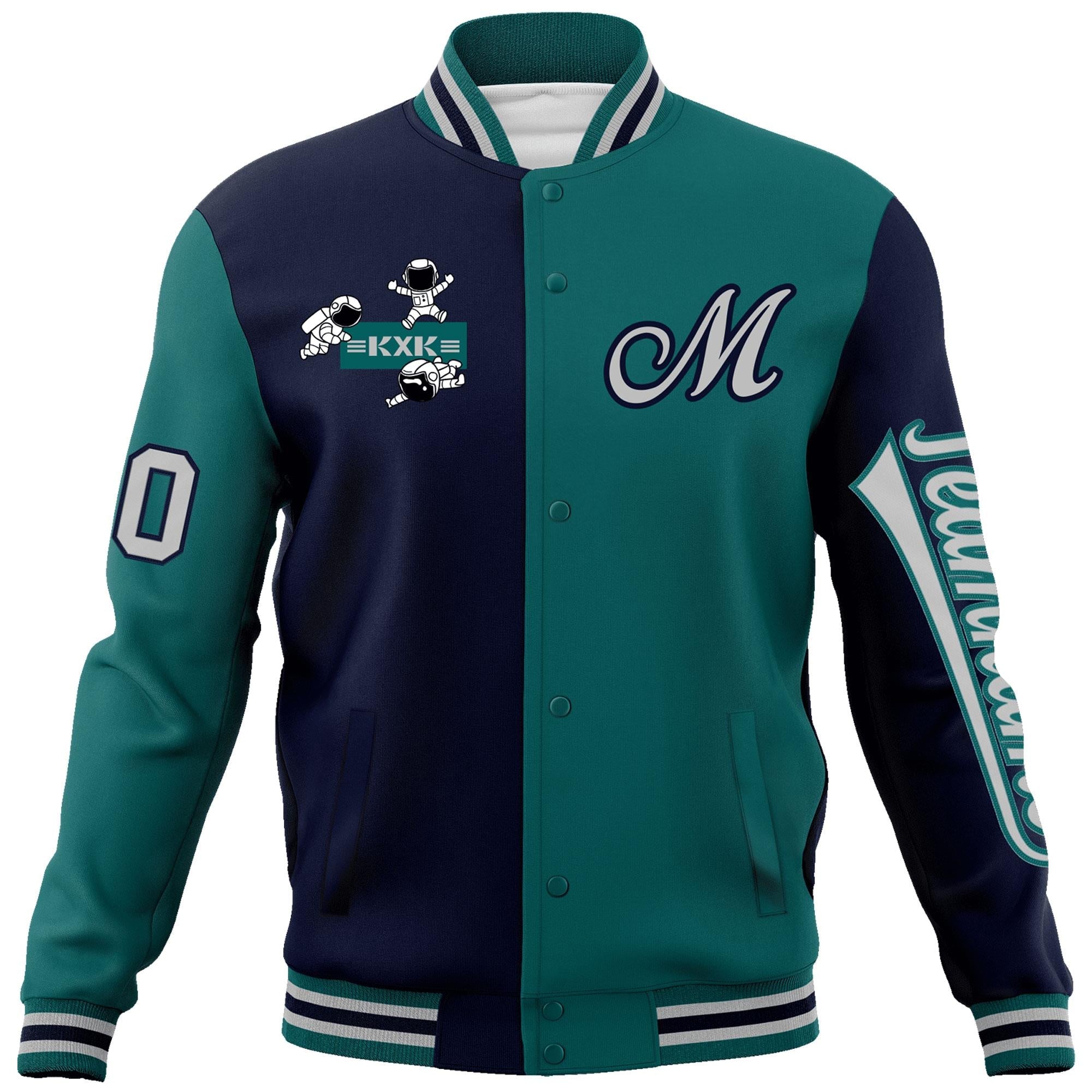 Custom Navy Aqua Two Tone Split Fashion Varsity Letterman Jacket with Raglan Sleeves